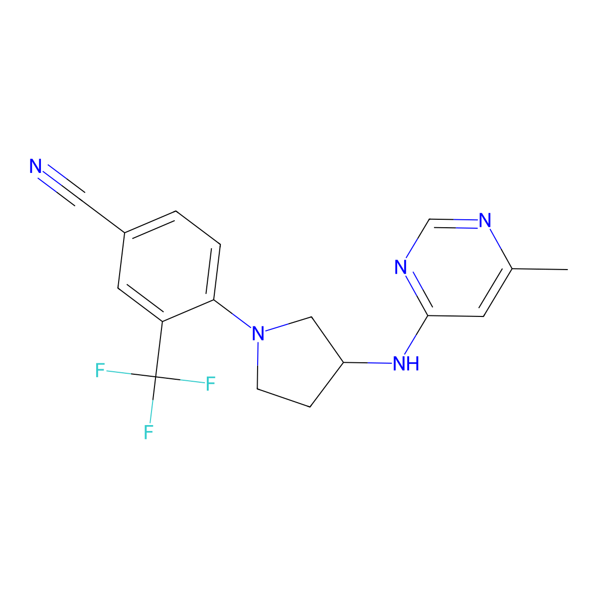 4-{3-[(6-Methylpyrimidin-4-yl)amino]pyrrolidin-1-yl}-3-(trifluoromethyl)benzonitrile molecular structure, CAS 3054562-50-1