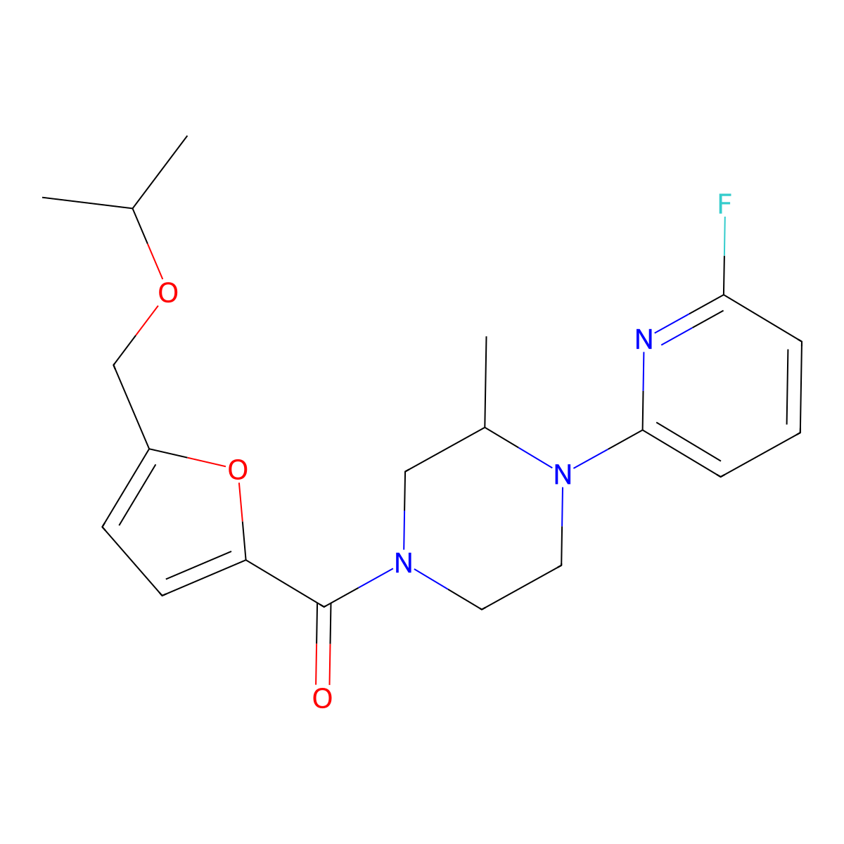 1-(6-Fluoropyridin-2-yl)-2-methyl-4-{5-[(propan-2-yloxy)methyl]furan-2-carbonyl}piperazine molecular structure, CAS 3054562-51-2