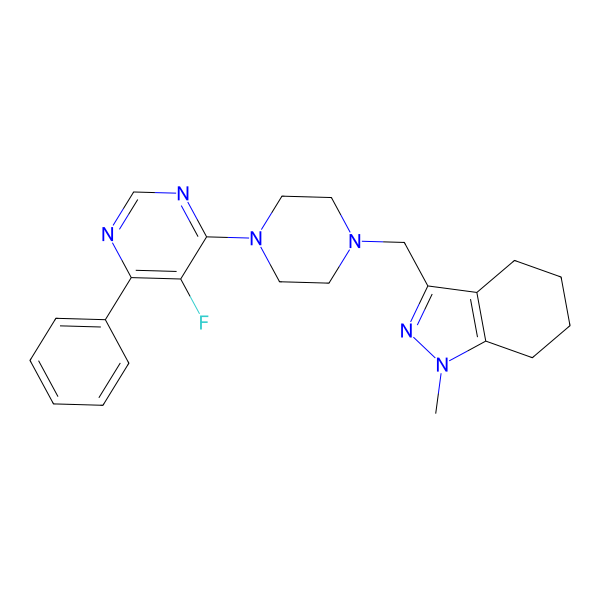 3-{[4-(5-fluoro-6-phenylpyrimidin-4-yl)piperazin-1-yl]methyl}-1-methyl-4,5,6,7-tetrahydro-1H-indazole molecular structure, CAS 3054562-54-5
