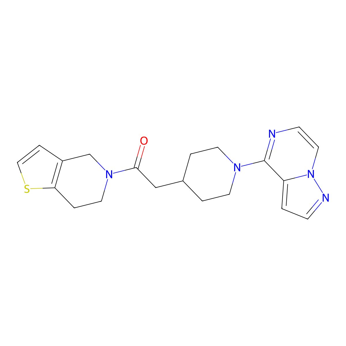 2-(1-{pyrazolo[1,5-a]pyrazin-4-yl}piperidin-4-yl)-1-{4H,5H,6H,7H-thieno[3,2-c]pyridin-5-yl}ethan-1-one molecular structure, CAS 3054562-56-7
