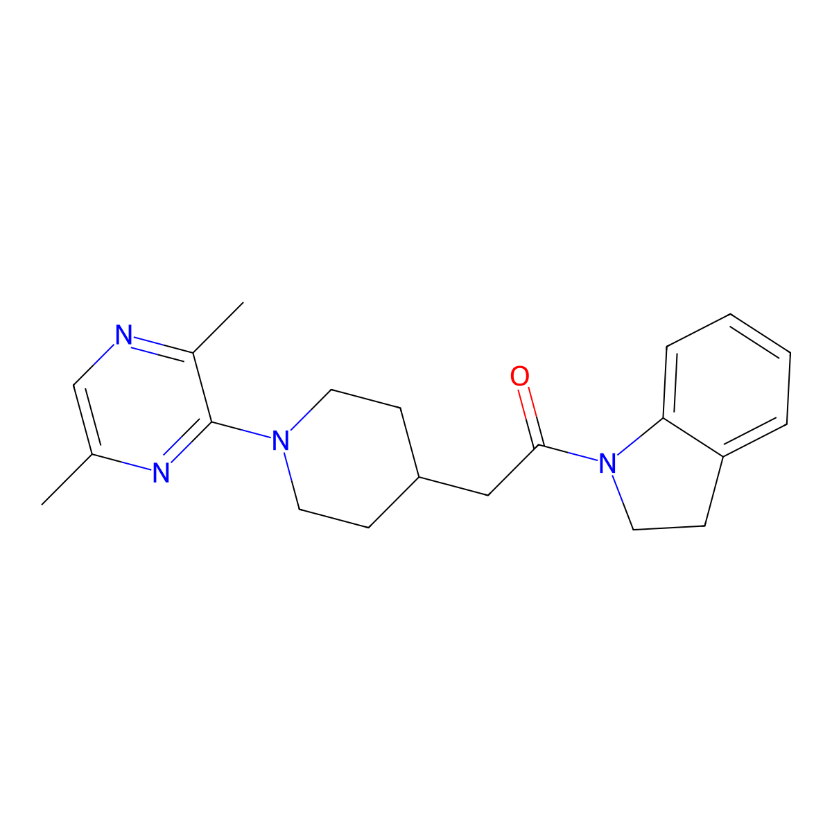 1-(2,3-dihydro-1H-indol-1-yl)-2-[1-(3,6-dimethylpyrazin-2-yl)piperidin-4-yl]ethan-1-one molecular structure, CAS 3054562-61-4
