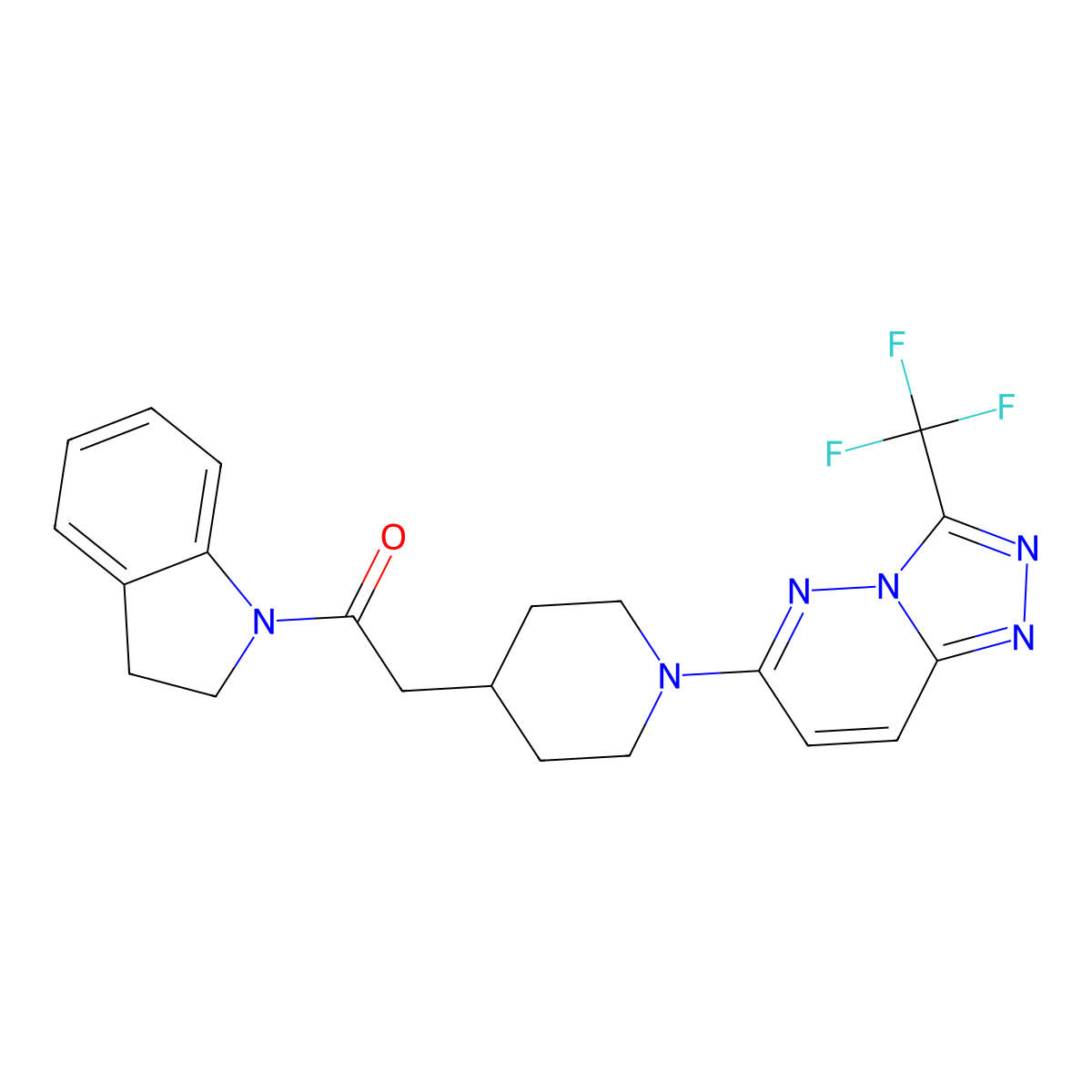 1-(2,3-dihydro-1H-indol-1-yl)-2-{1-[3-(trifluoromethyl)-[1,2,4]triazolo[4,3-b]pyridazin-6-yl]piperidin-4-yl}ethan-1-one molecular structure, CAS 3054562-82-9