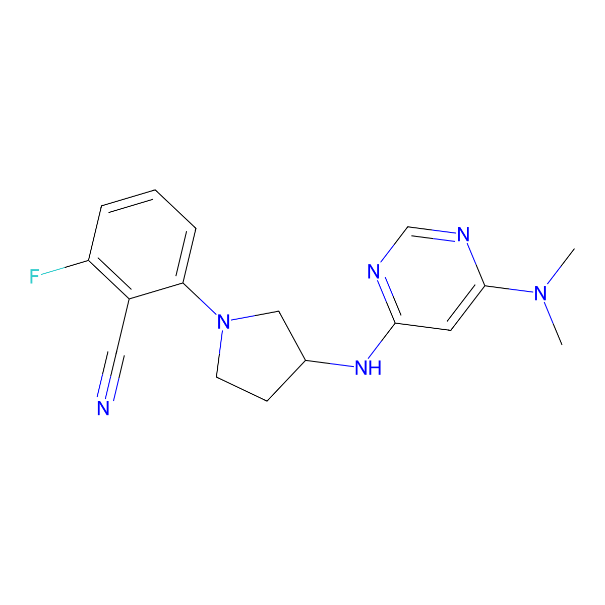 2-(3-{[6-(Dimethylamino)pyrimidin-4-yl]amino}pyrrolidin-1-yl)-6-fluorobenzonitrile molecular structure, CAS 3054562-94-3