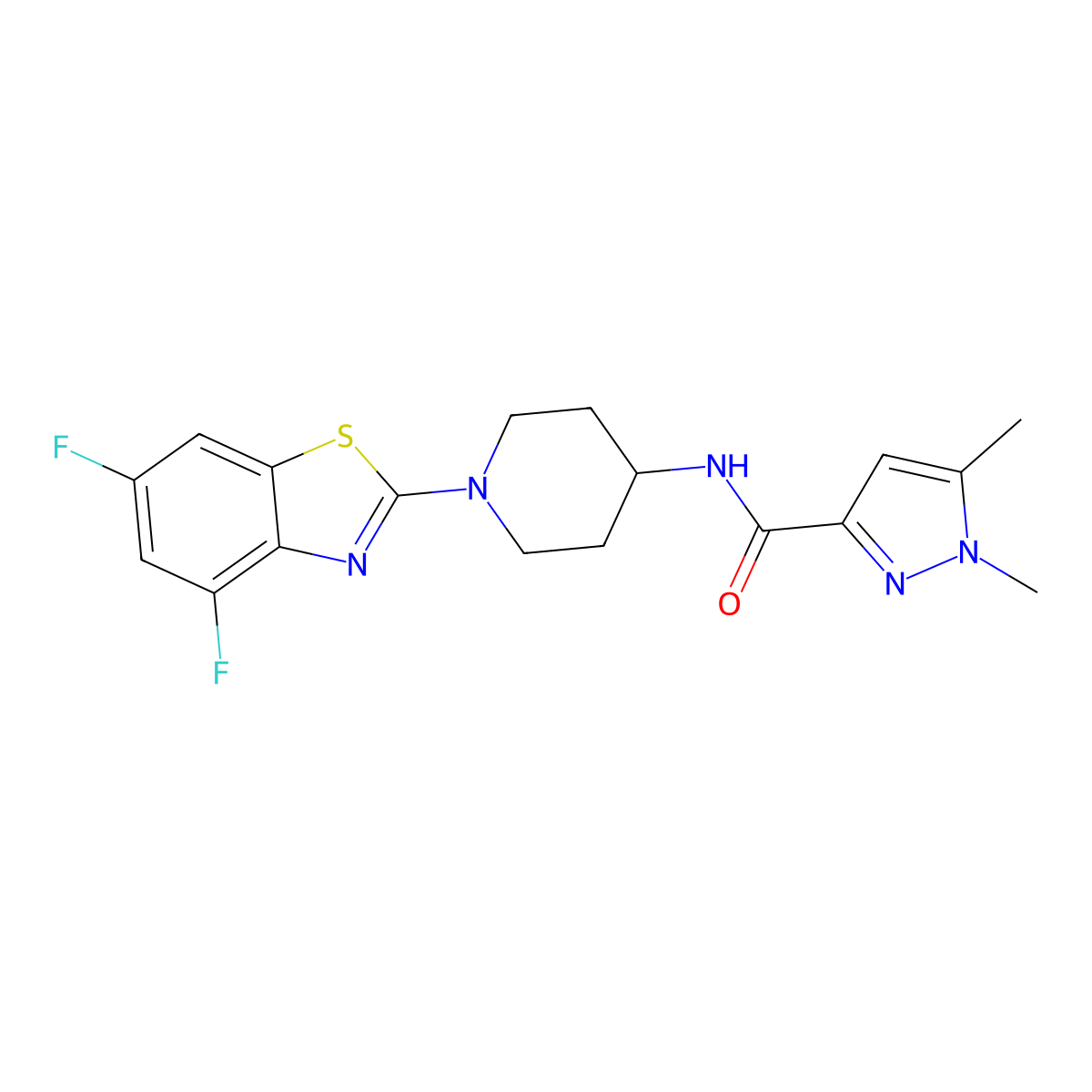 N-[1-(4,6-difluoro-1,3-benzothiazol-2-yl)piperidin-4-yl]-1,5-dimethyl-1H-pyrazole-3-carboxamide molecular structure, CAS 3054562-95-4