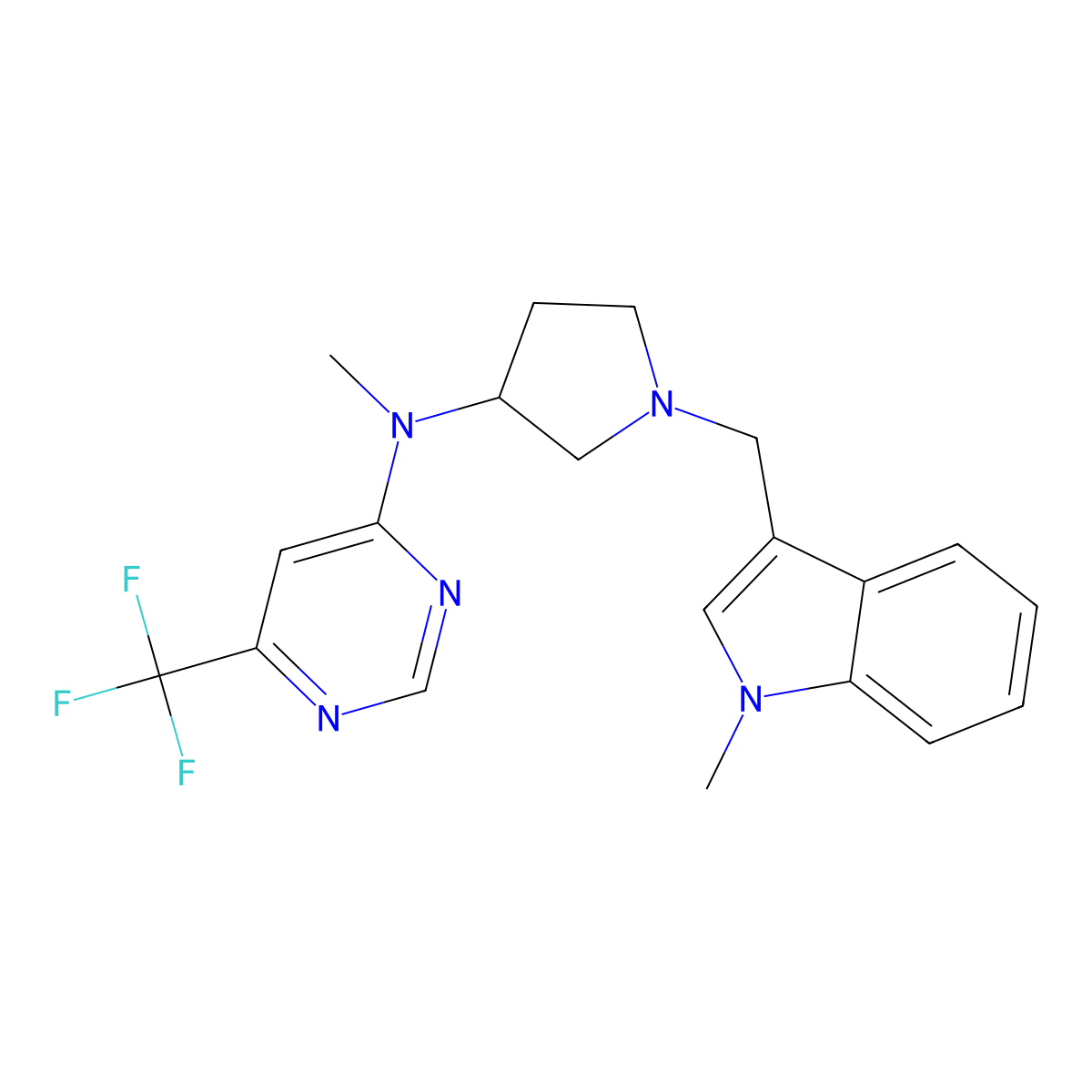 N-methyl-N-[1-[(1-methylindol-3-yl)methyl]pyrrolidin-3-yl]-6-(trifluorome+)pyrimidin-4-amine molecular structure, CAS 3054562-96-5
