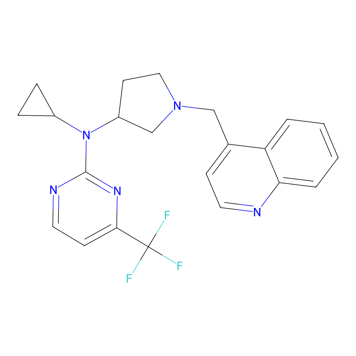 N-cyclopropyl-N-{1-[(quinolin-4-yl)methyl]pyrrolidin-3-yl}-4-(trifluoromethyl)pyrimidin-2-amine molecular structure, CAS 3054562-97-6