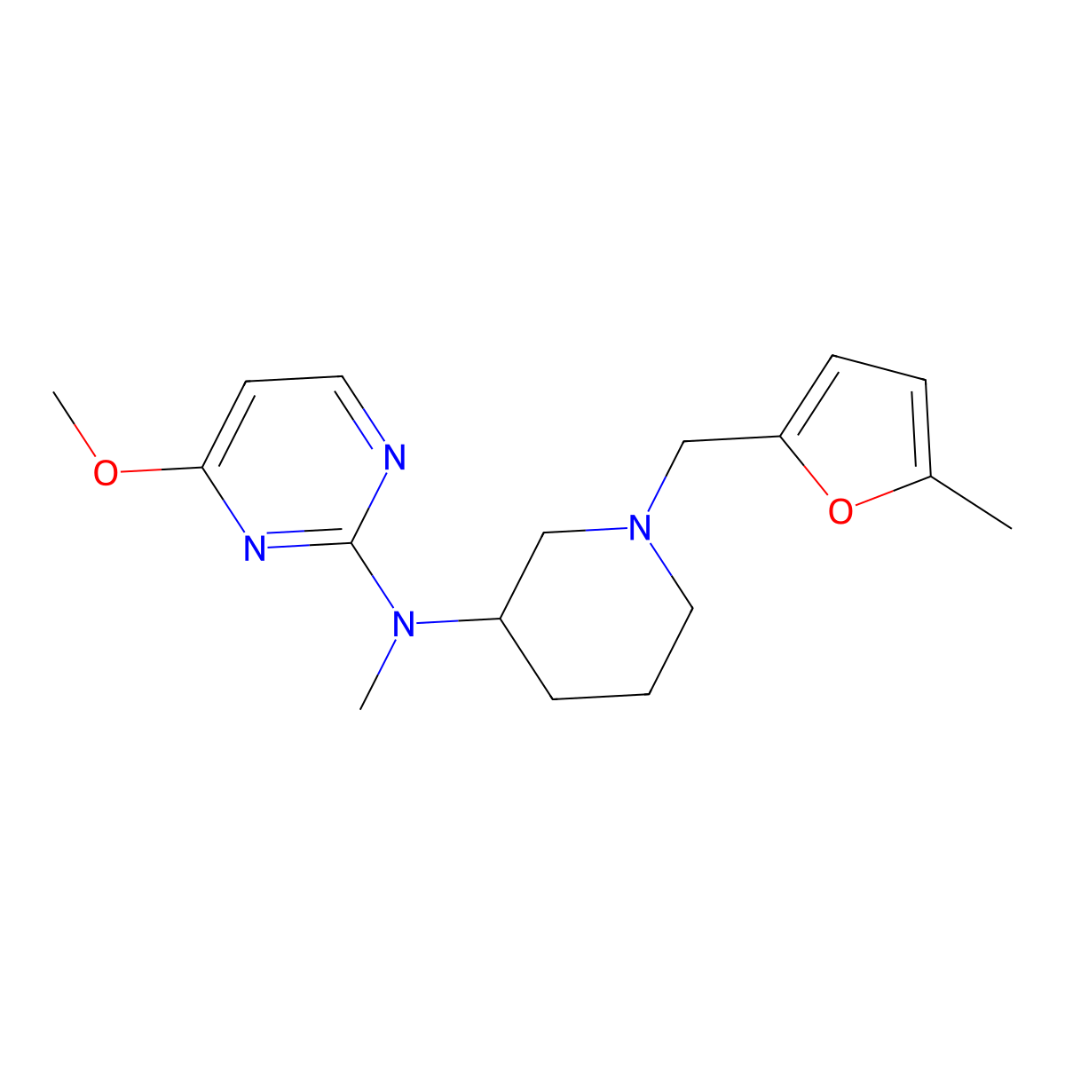 4-methoxy-N-methyl-N-{1-[(5-methylfuran-2-yl)methyl]piperidin-3-yl}pyrimidin-2-amine molecular structure, CAS 3054562-98-7