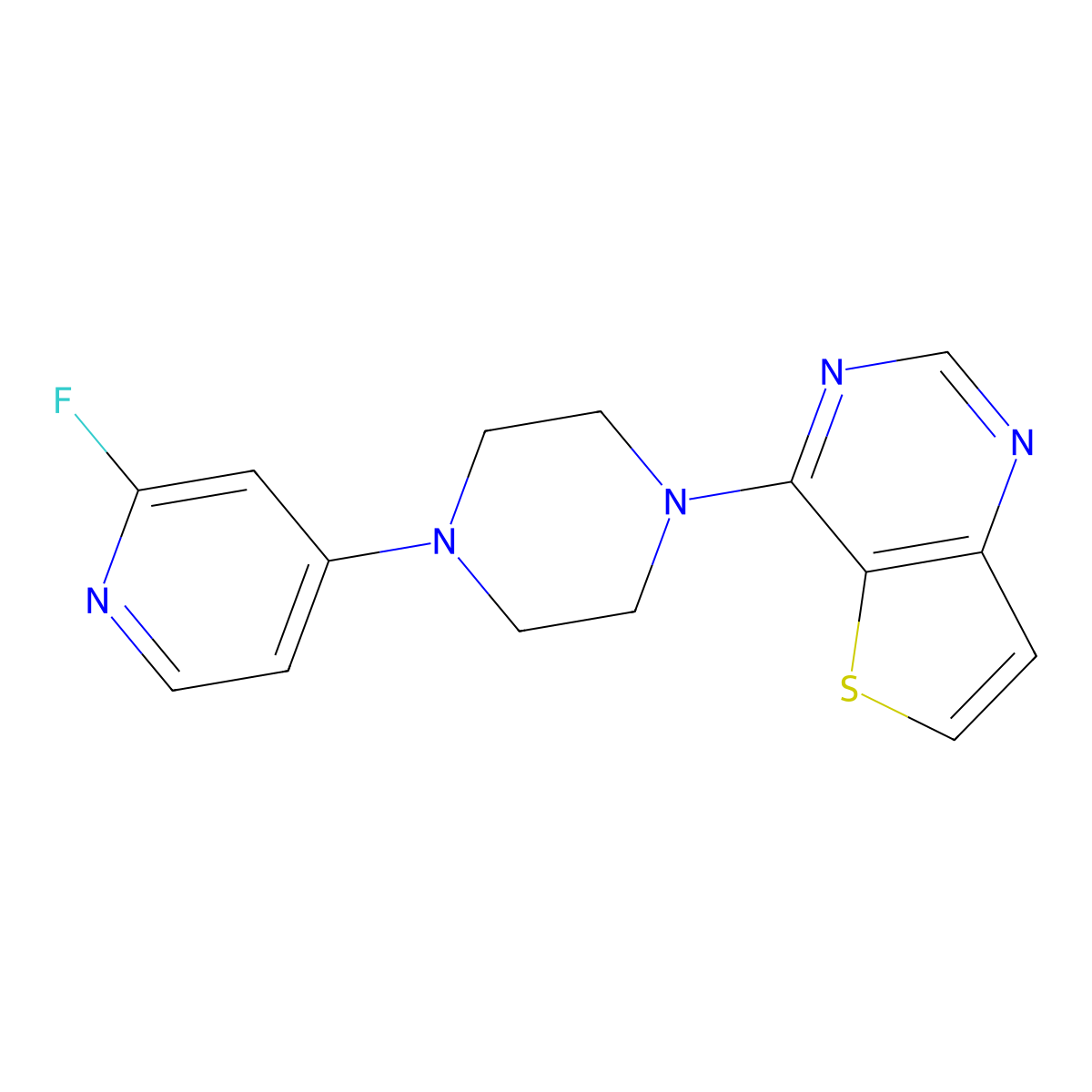 1-(2-Fluoropyridin-4-yl)-4-{thieno[3,2-d]pyrimidin-4-yl}piperazine molecular structure, CAS 3054563-03-7