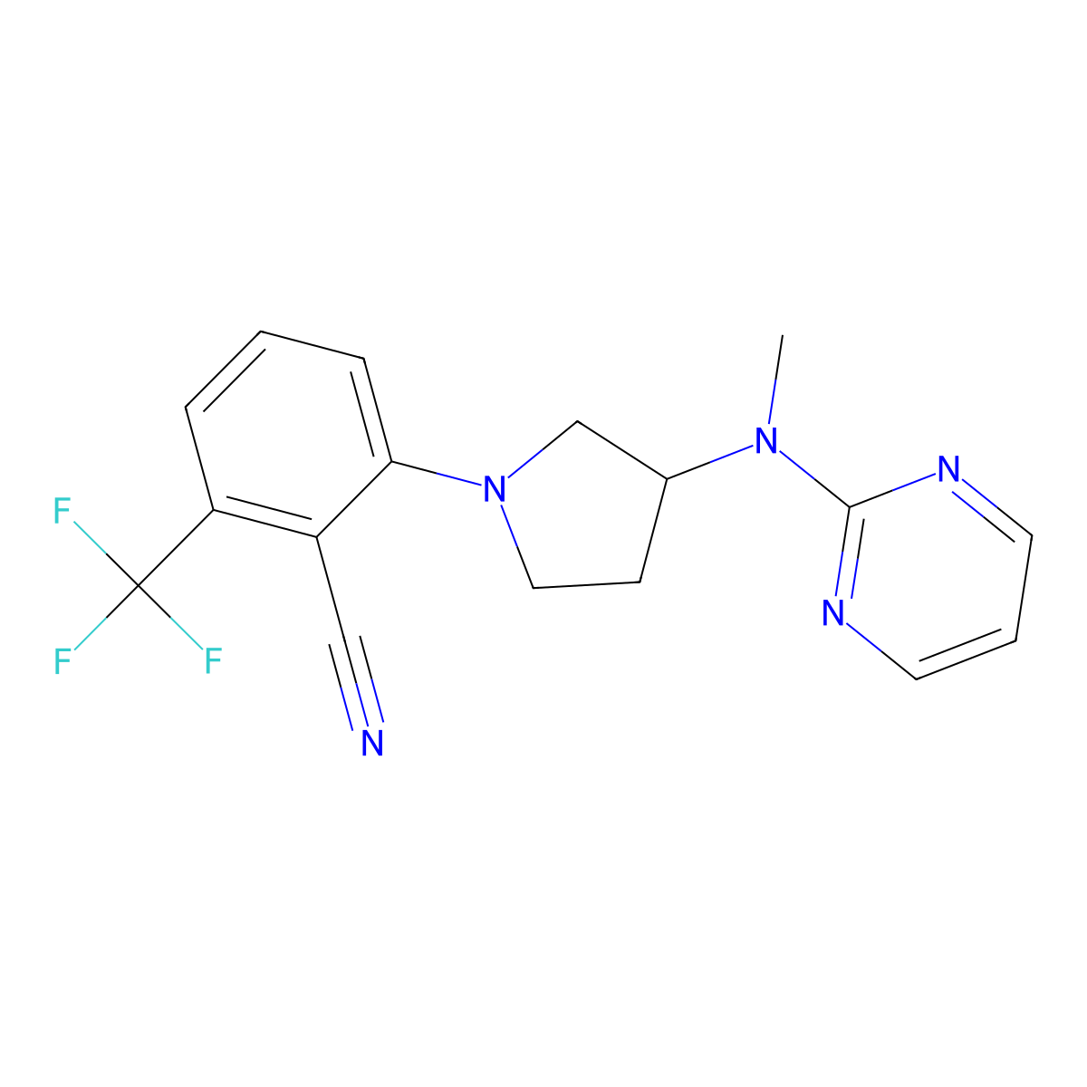 2-{3-[Methyl(pyrimidin-2-yl)amino]pyrrolidin-1-yl}-6-(trifluoromethyl)benzonitrile molecular structure, CAS 3054563-09-3