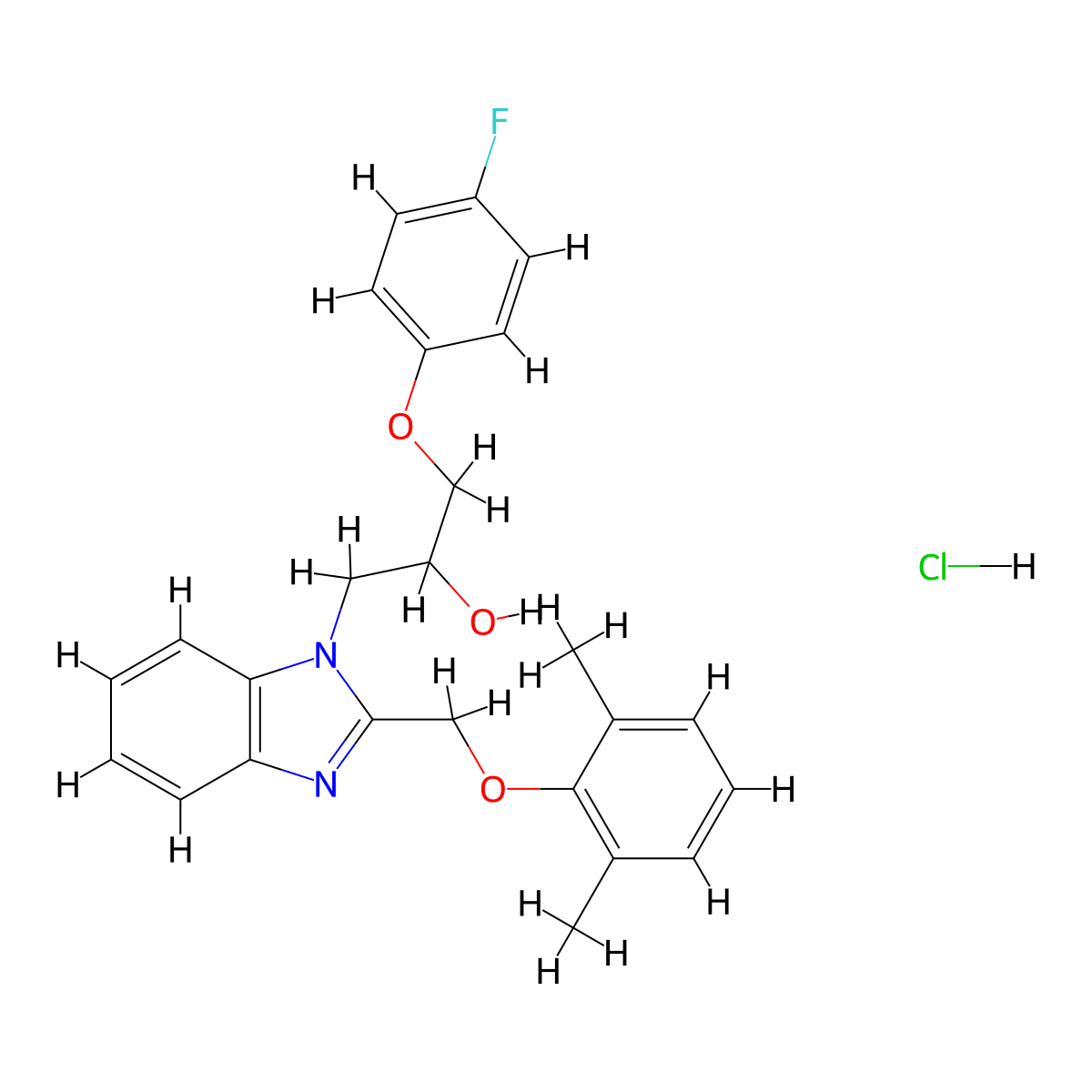 1-{2-[(2,6-dimethylphenoxy)methyl]-1H-1,3-benzodiazol-1-yl}-3-(4-fluorophenoxy)propan-2-ol hydrochloride molecular structure, CAS 3054563-12-8