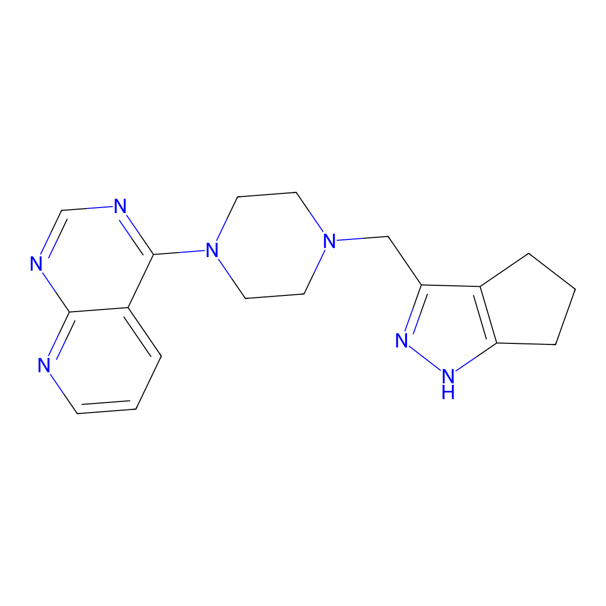 1-({1H,4H,5H,6H-cyclopenta[c]pyrazol-3-yl}methyl)-4-{1,6-dimethyl-1H-pyrazolo[3,4-d]pyrimidin-4-yl}piperazine molecular structure, CAS 3054563-16-2