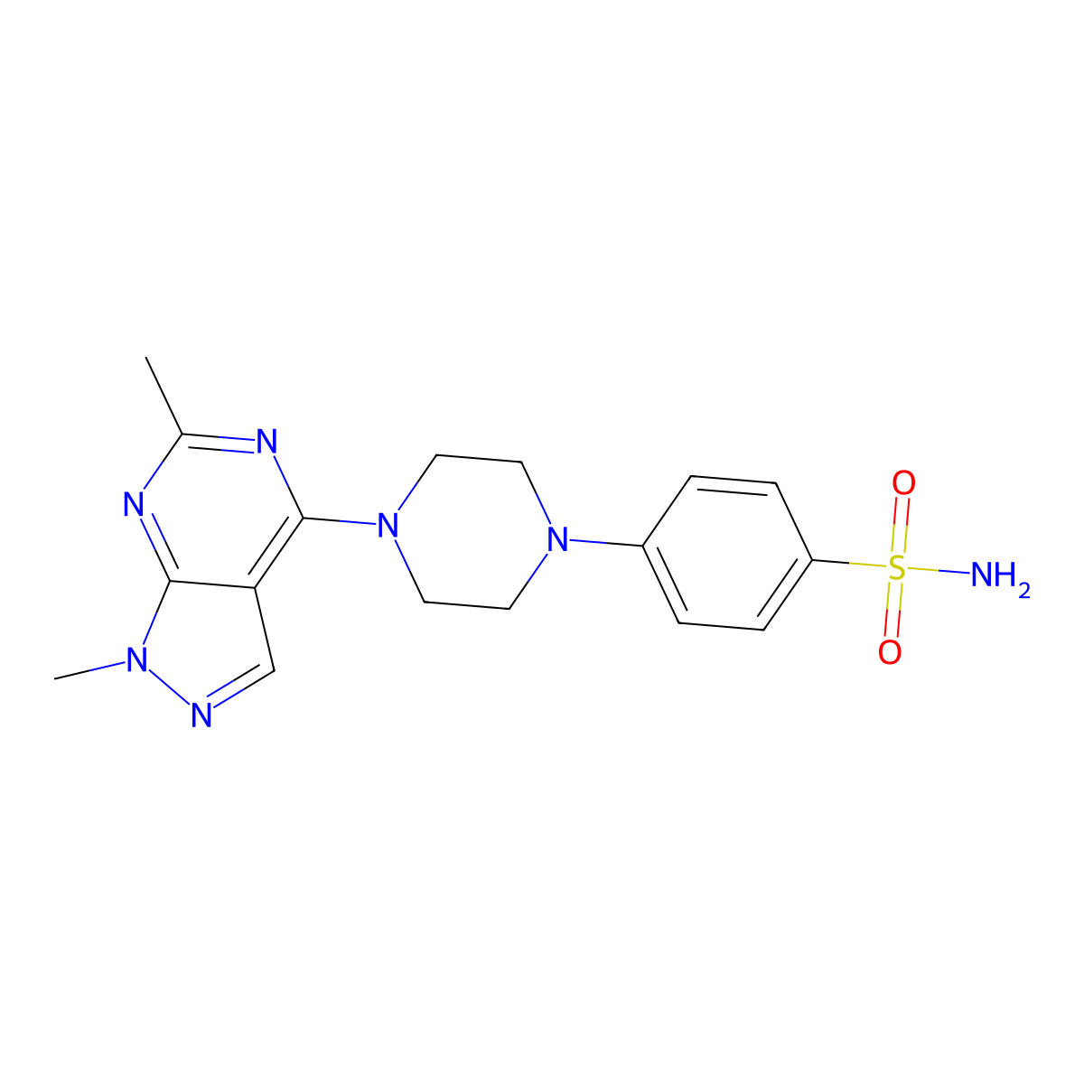 4-(4-{1,6-dimethyl-1H-pyrazolo[3,4-d]pyrimidin-4-yl}piperazin-1-yl)benzene-1-sulfonamide molecular structure, CAS 3054563-22-0