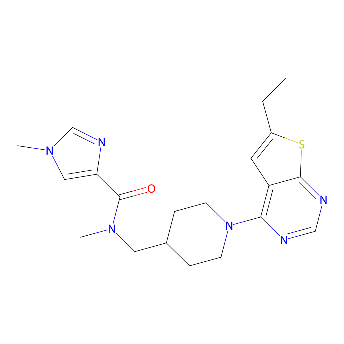 N-[(1-{6-ethylthieno[2,3-d]pyrimidin-4-yl}piperidin-4-yl)methyl]-N,1-dimethyl-1H-imidazole-4-carboxamide molecular structure, CAS 3054563-25-3