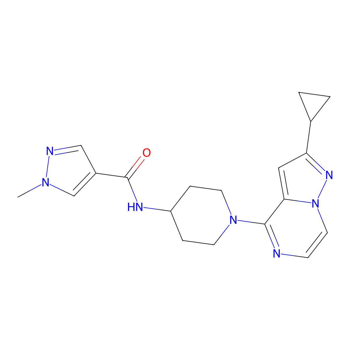 N-(1-{2-cyclopropylpyrazolo[1,5-a]pyrazin-4-yl}piperidin-4-yl)-1-methyl-1H-pyrazole-4-carboxamide molecular structure, CAS 3054563-29-7