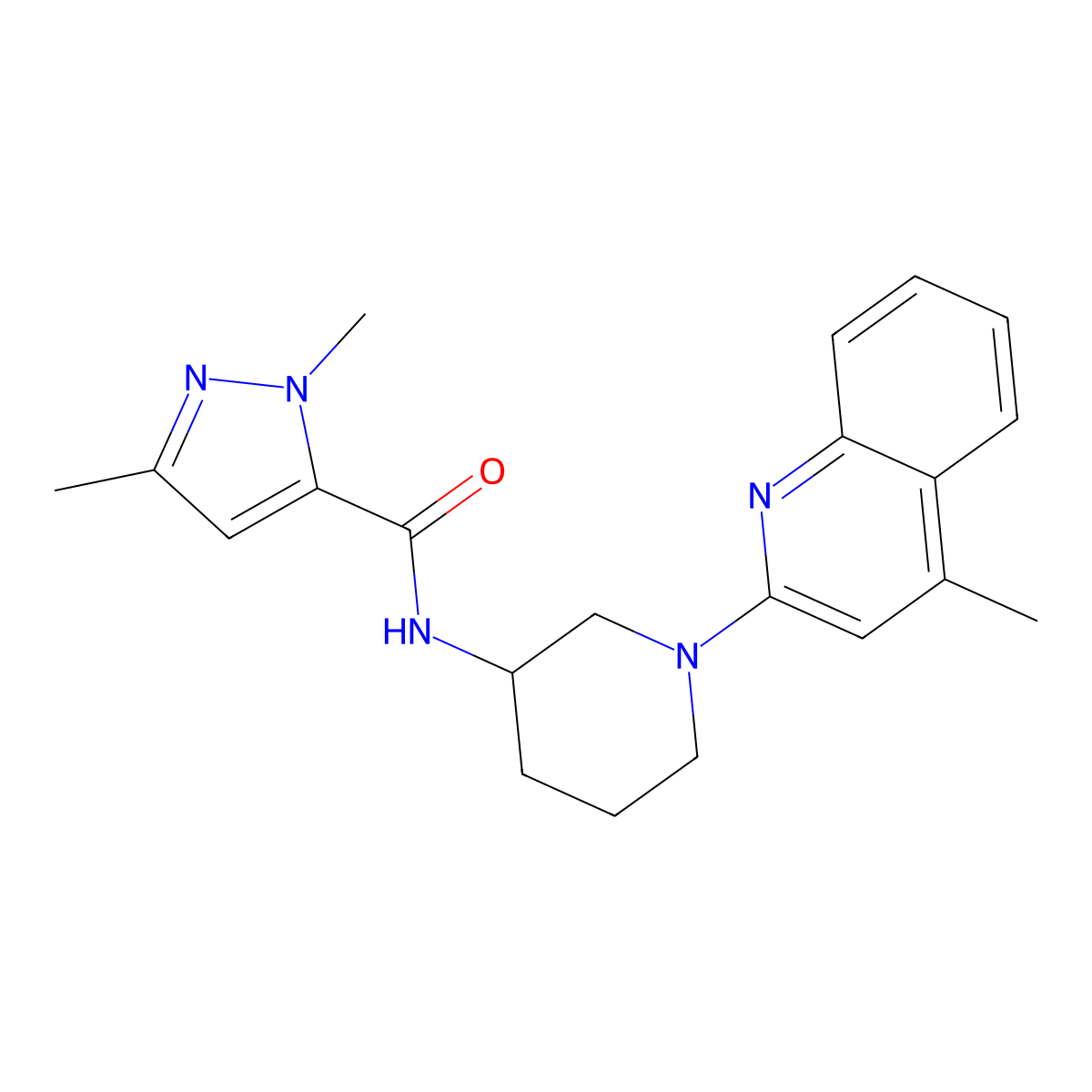 1,3-dimethyl-N-[1-(4-methylquinolin-2-yl)piperidin-3-yl]-1H-pyrazole-5-carboxamide molecular structure, CAS 3054563-31-1