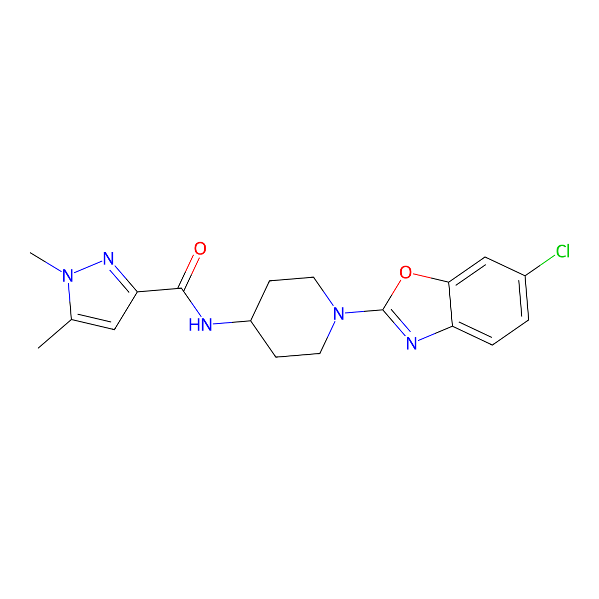 N-[1-(6-chloro-1,3-benzoxazol-2-yl)piperidin-4-yl]-1,5-dimethyl-1H-pyrazole-3-carboxamide molecular structure, CAS 3054563-34-4