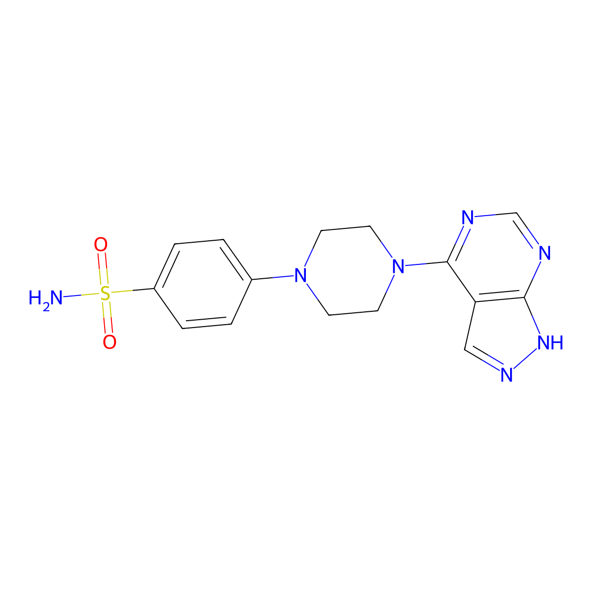 4-(4-{1H-pyrazolo[3,4-d]pyrimidin-4-yl}piperazin-1-yl)benzene-1-sulfonamide molecular structure, CAS 3054563-37-7