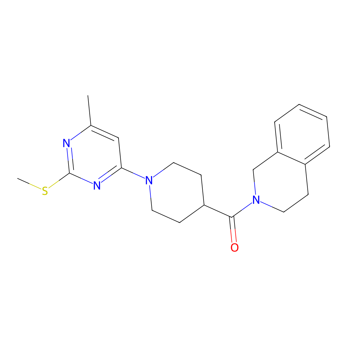 2-{1-[6-Methyl-2-(methylsulfanyl)pyrimidin-4-yl]piperidine-4-carbonyl}-1,2,3,4-tetrahydroisoquinoline molecular structure, CAS 3054563-40-2