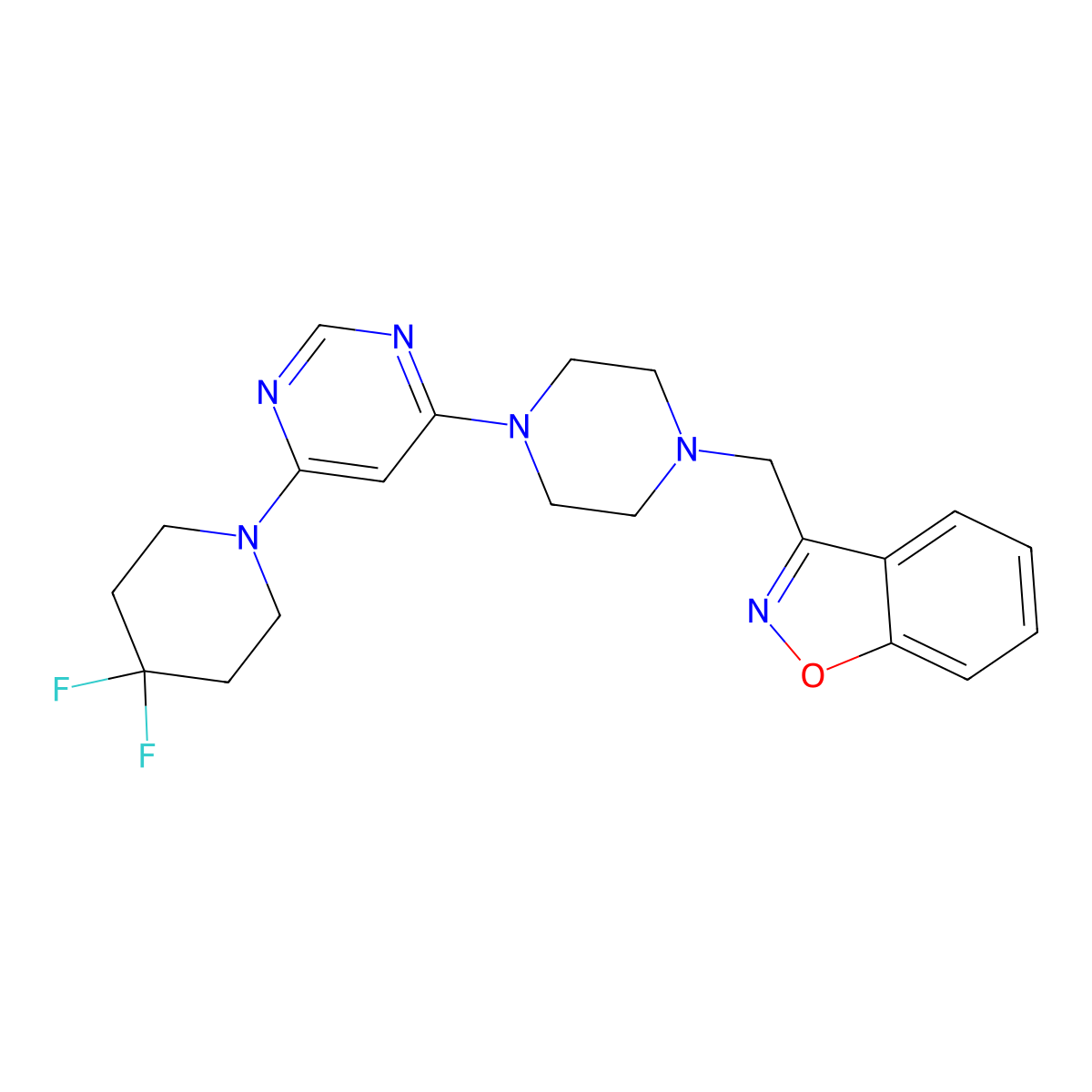 3-({4-[6-(4,4-Difluoropiperidin-1-yl)pyrimidin-4-yl]piperazin-1-yl}methyl)-1,2-benzoxazole molecular structure, CAS 3054563-46-8