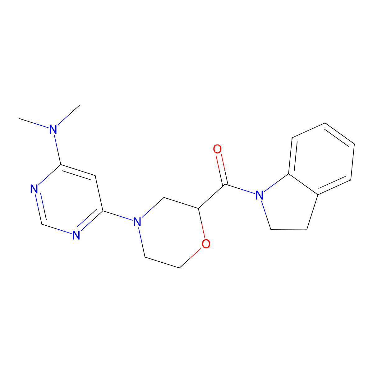 6-[2-(2,3-dihydro-1H-indole-1-carbonyl)morpholin-4-yl]-N,N-dimethylpyrimidin-4-amine molecular structure, CAS 3054563-48-0