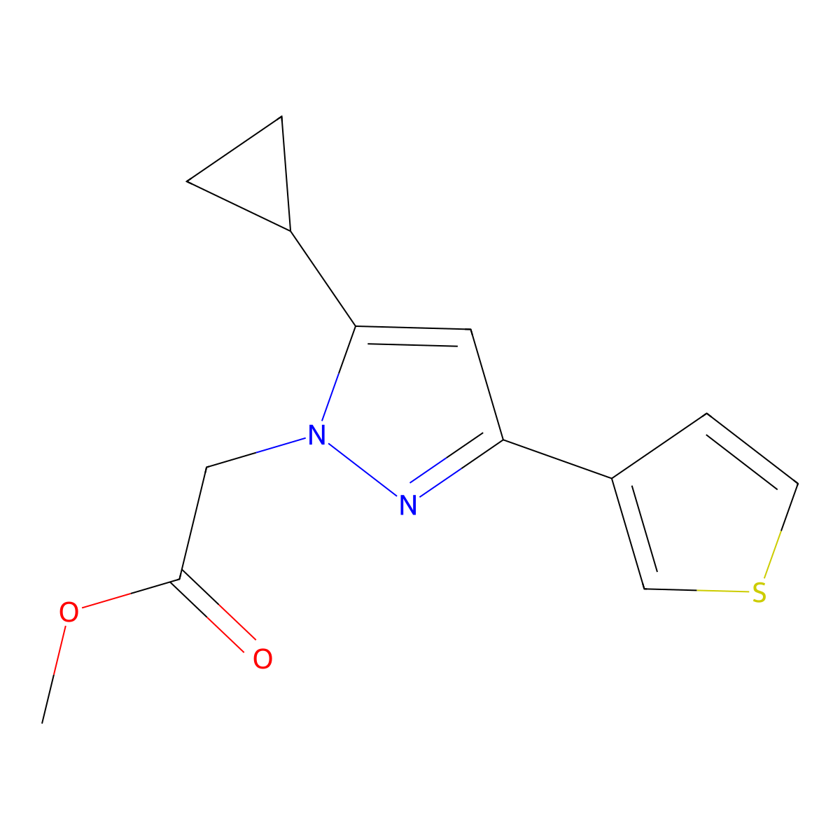 methyl 2-[5-cyclopropyl-3-(thiophen-3-yl)-1H-pyrazol-1-yl]acetate molecular structure, CAS 3054563-50-4