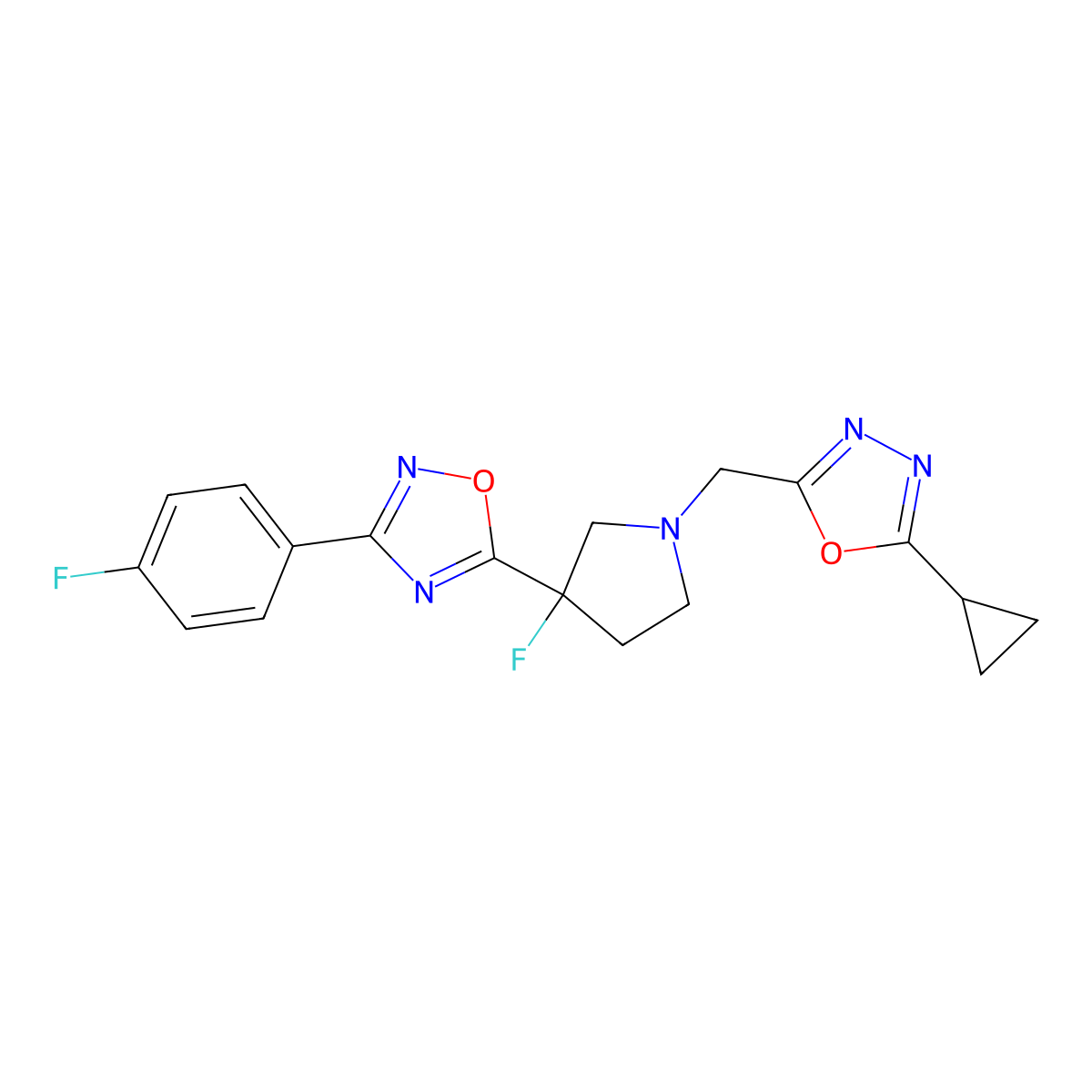 5-{1-[(5-Cyclopropyl-1,3,4-oxadiazol-2-yl)methyl]-3-fluoropyrrolidin-3-yl}-3-(4-fluorophenyl)-1,2,4-oxadiazole molecular structure, CAS 3054563-51-5