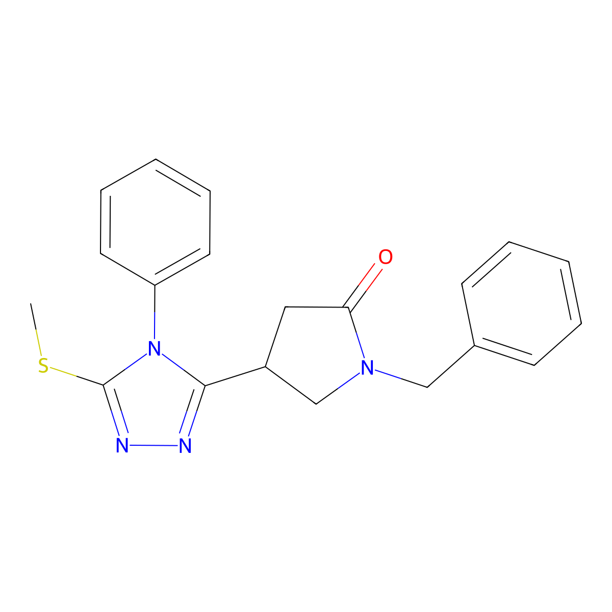 1-benzyl-4-[5-(methylsulfanyl)-4-phenyl-4H-1,2,4-triazol-3-yl]pyrrolidin-2-one molecular structure, CAS 3054563-58-2