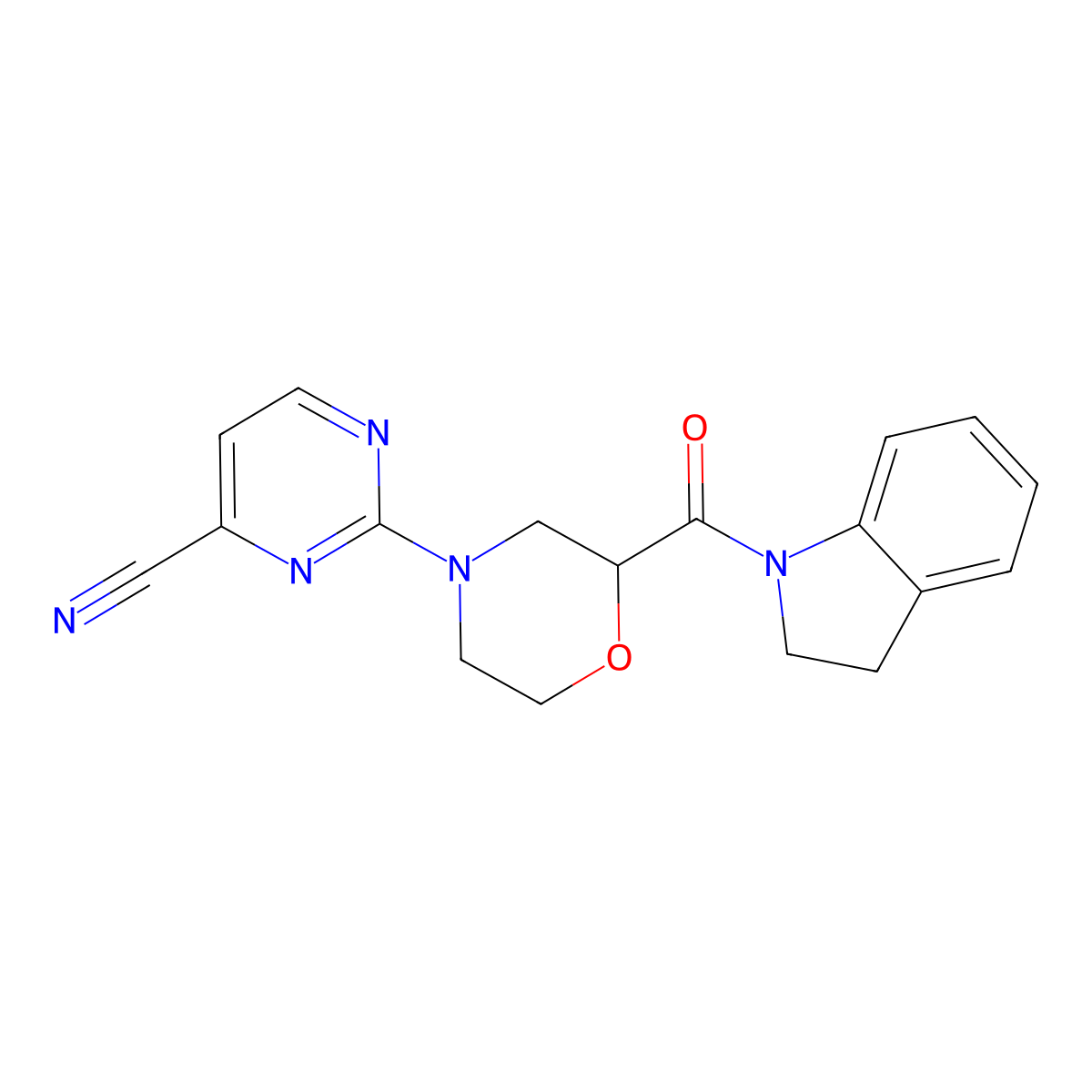 2-[2-(2,3-dihydro-1H-indole-1-carbonyl)morpholin-4-yl]pyrimidine-4-carbonitrile molecular structure, CAS 3054563-66-2