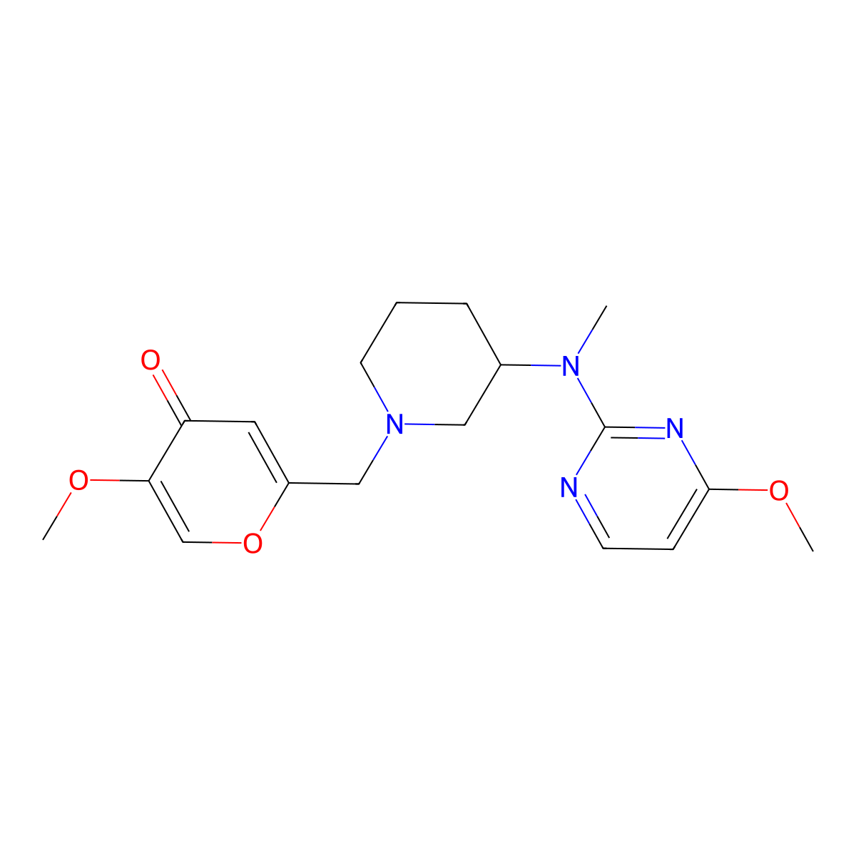 5-methoxy-2-({3-[(4-methoxypyrimidin-2-yl)(methyl)amino]piperidin-1-yl}methyl)-4H-pyran-4-one molecular structure, CAS 3054563-76-4