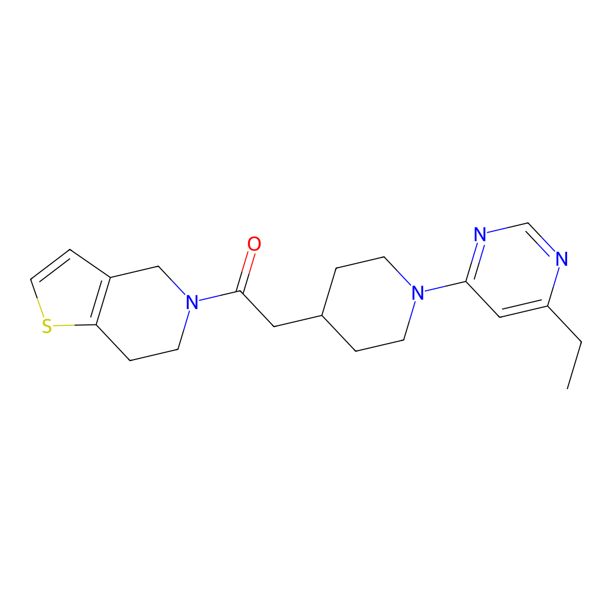 2-[1-(6-ethylpyrimidin-4-yl)piperidin-4-yl]-1-{4H,5H,6H,7H-thieno[3,2-c]pyridin-5-yl}ethan-1-one molecular structure, CAS 3054564-05-2