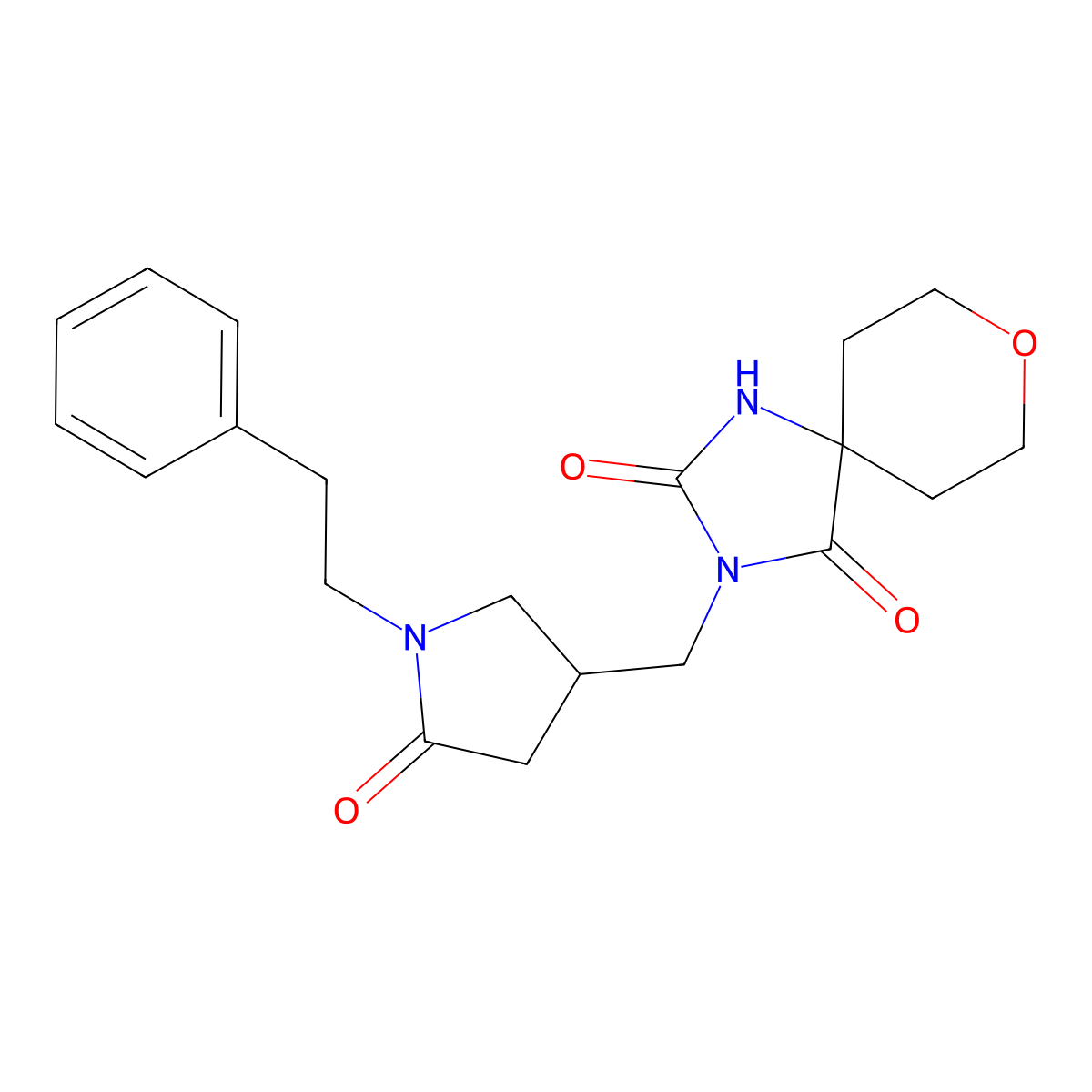 3-{[5-Oxo-1-(2-phenylethyl)pyrrolidin-3-yl]methyl}-8-oxa-1,3-diazaspiro[4.5]decane-2,4-dione molecular structure, CAS 3054564-14-3