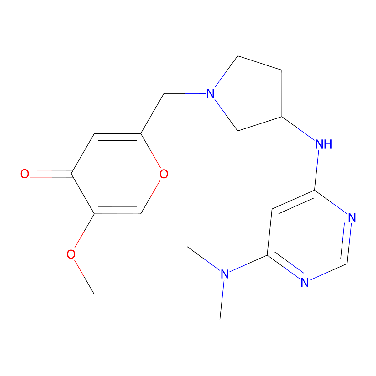 2-[[3-[[6-(Dimethylamino)pyrimidin-4-yl]amino]pyrrolidin-1-yl]methyl]-5-methoxypyran-4-one molecular structure, CAS 3054564-17-6