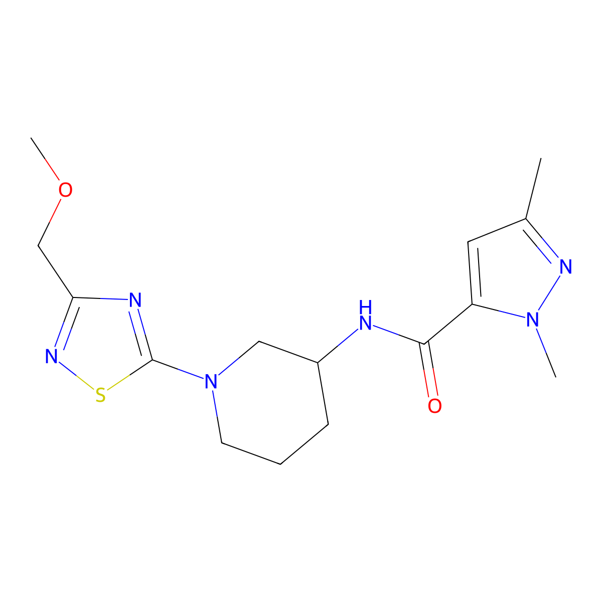 N-{1-[3-(methoxymethyl)-1,2,4-thiadiazol-5-yl]piperidin-3-yl}-1,3-dimethyl-1H-pyrazole-5-carboxamide molecular structure, CAS 3054564-20-1