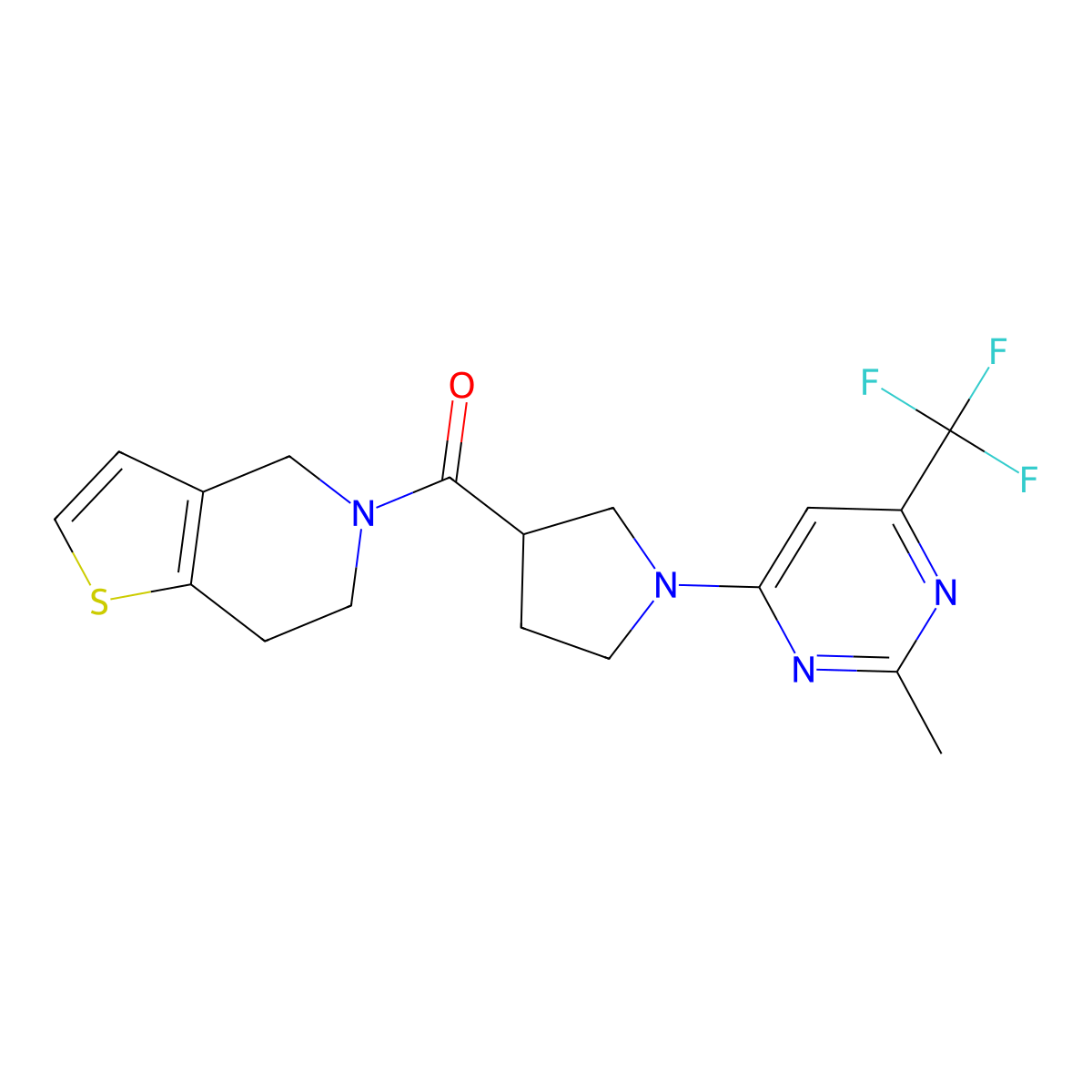 2-methyl-4-(3-{4H,5H,6H,7H-thieno[3,2-c]pyridine-5-carbonyl}pyrrolidin-1-yl)-6-(trifluoromethyl)pyrimidine molecular structure, CAS 3054564-24-5