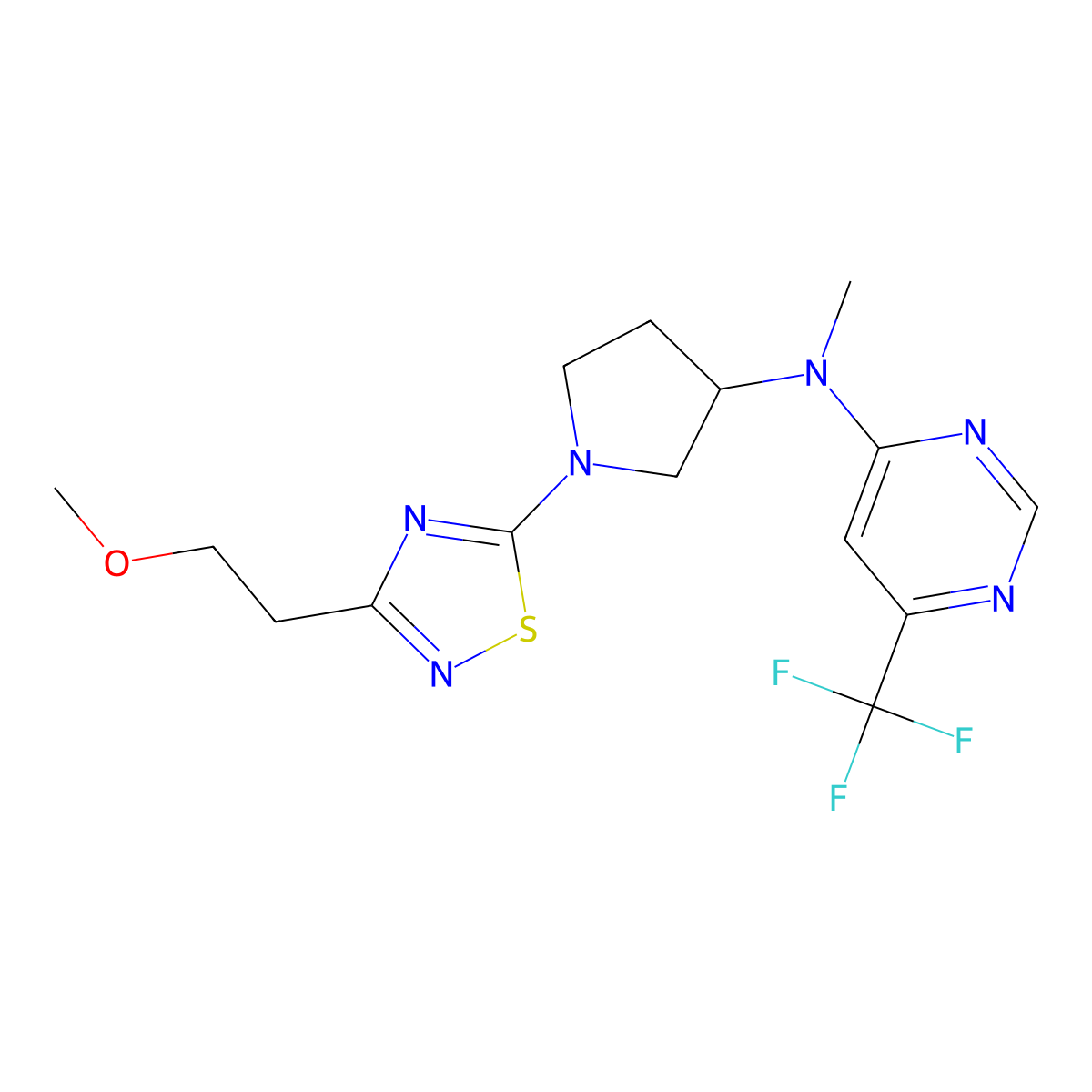 N-{1-[3-(2-methoxyethyl)-1,2,4-thiadiazol-5-yl]pyrrolidin-3-yl}-N-methyl-6-(trifluoromethyl)pyrimidin-4-amine molecular structure, CAS 3054564-25-6