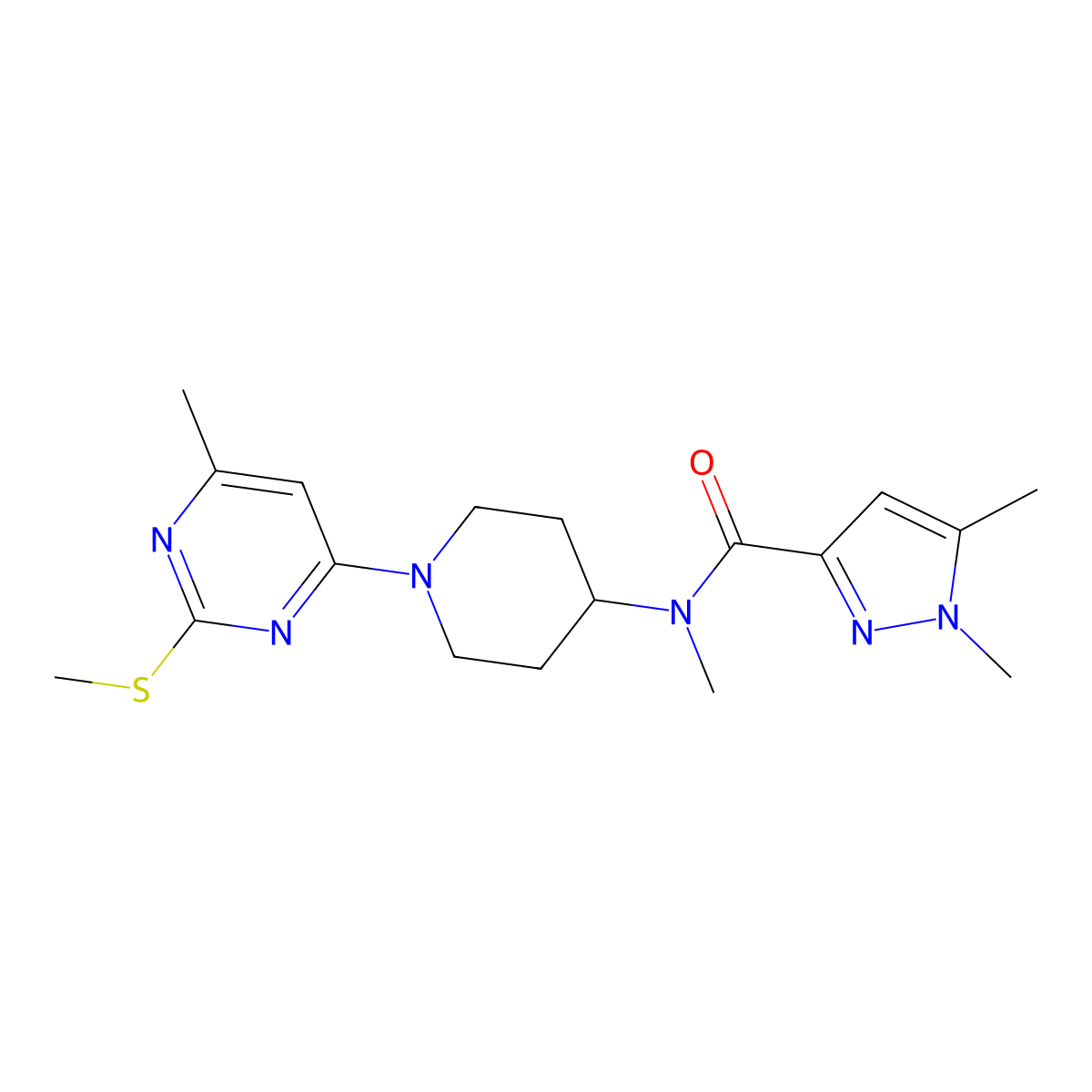 N,1,5-trimethyl-N-{1-[6-methyl-2-(methylsulfanyl)pyrimidin-4-yl]piperidin-4-yl}-1H-pyrazole-3-carboxamide molecular structure, CAS 3054564-27-8