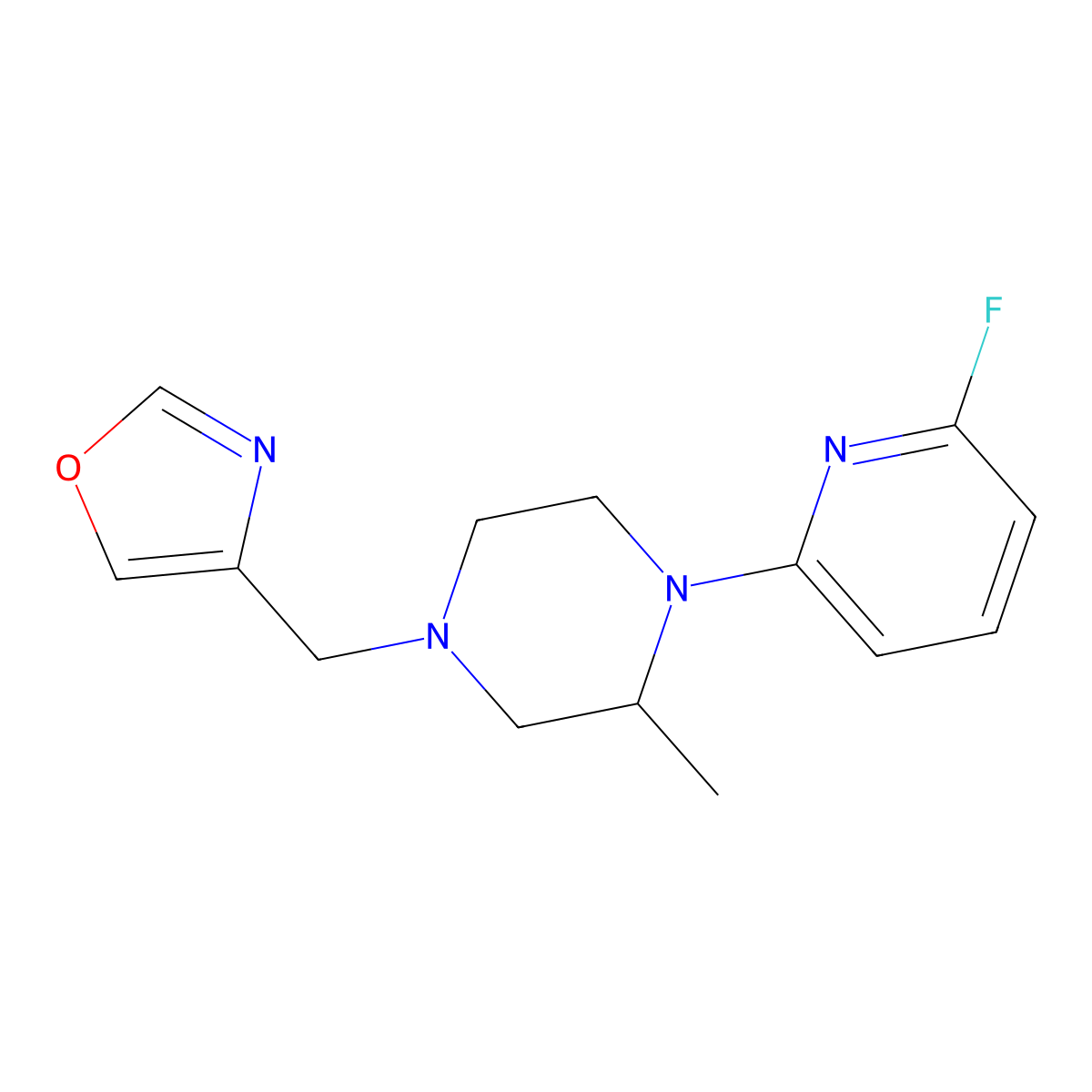1-(6-Fluoropyridin-2-yl)-2-methyl-4-[(1,3-oxazol-4-yl)methyl]piperazine molecular structure, CAS 3054564-33-6