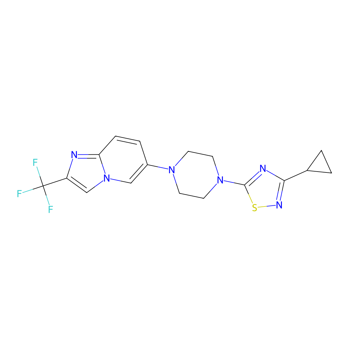 1-(3-Cyclopropyl-1,2,4-thiadiazol-5-yl)-4-[2-(trifluoromethyl)imidazo[1,2-a]pyridin-6-yl]piperazine molecular structure, CAS 3054564-45-0