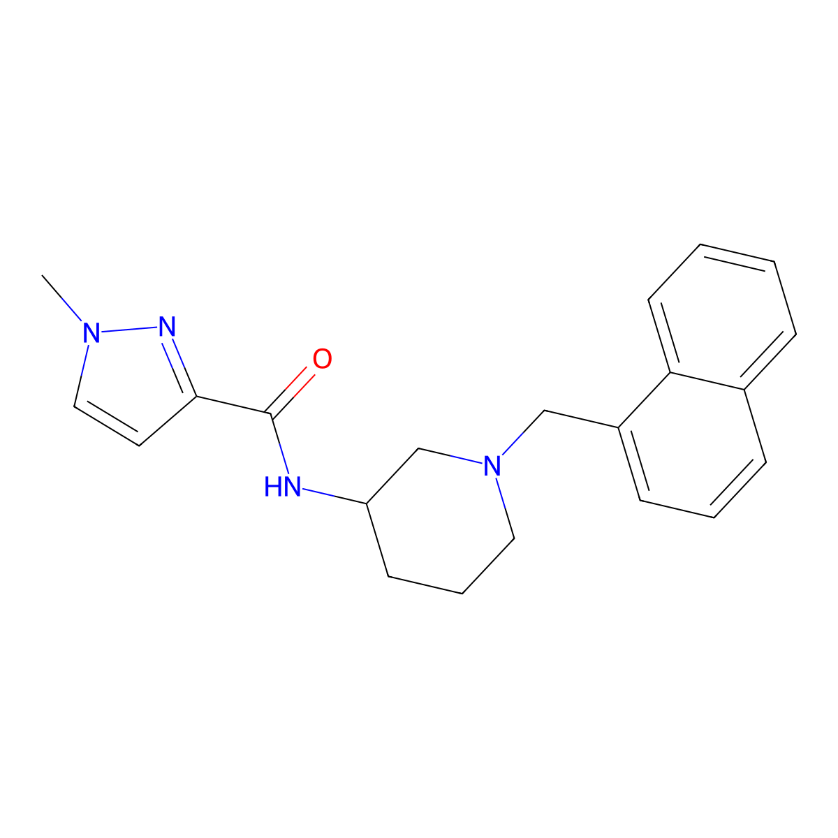 1-methyl-N-{1-[(naphthalen-1-yl)methyl]piperidin-3-yl}-1H-pyrazole-3-carboxamide molecular structure, CAS 3054564-50-7