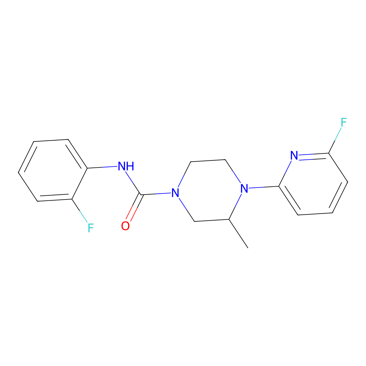 N-(2-fluorophenyl)-4-(6-fluoropyridin-2-yl)-3-methylpiperazine-1-carboxamide molecular structure, CAS 3054564-52-9