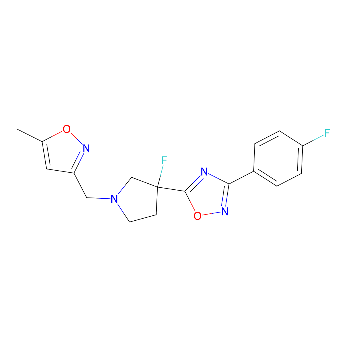 5-{3-Fluoro-1-[(5-methyl-1,2-oxazol-3-yl)methyl]pyrrolidin-3-yl}-3-(4-fluorophenyl)-1,2,4-oxadiazole molecular structure, CAS 3054564-62-1