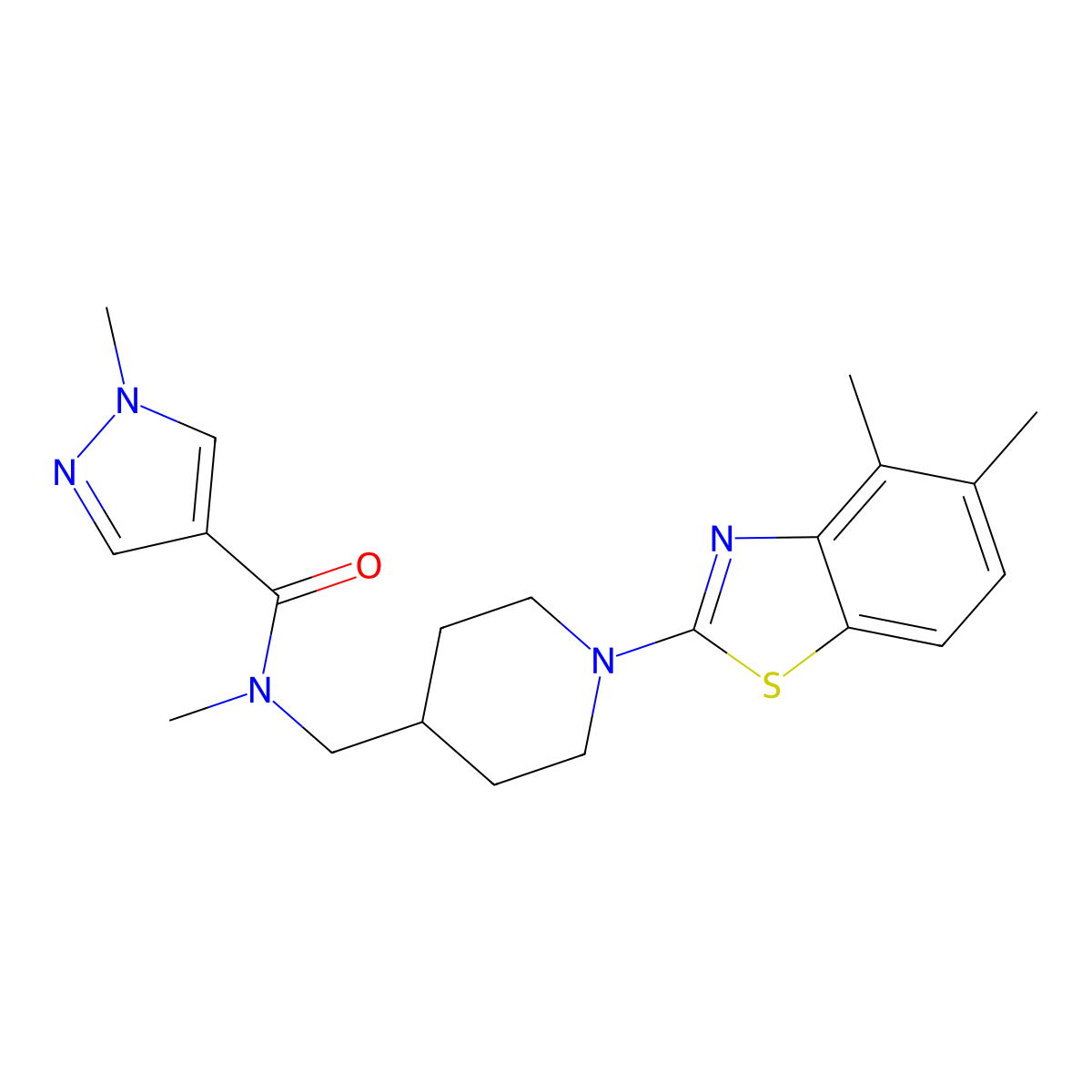 N-{[1-(4,5-dimethyl-1,3-benzothiazol-2-yl)piperidin-4-yl]methyl}-N,1-dimethyl-1H-pyrazole-4-carboxamide molecular structure, CAS 3054564-67-6