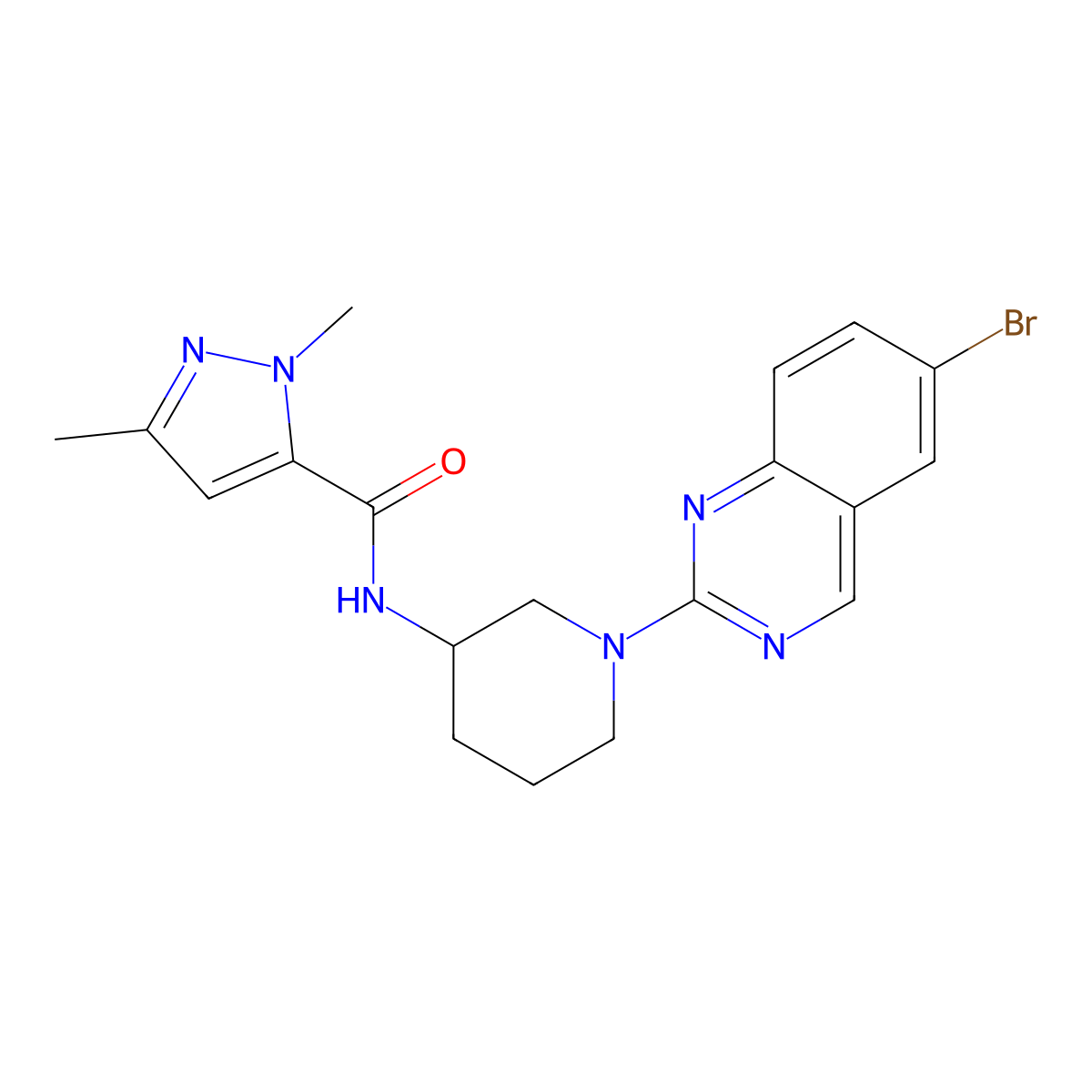 N-[1-(6-bromoquinazolin-2-yl)piperidin-3-yl]-1,3-dimethyl-1H-pyrazole-5-carboxamide molecular structure, CAS 3054564-71-2