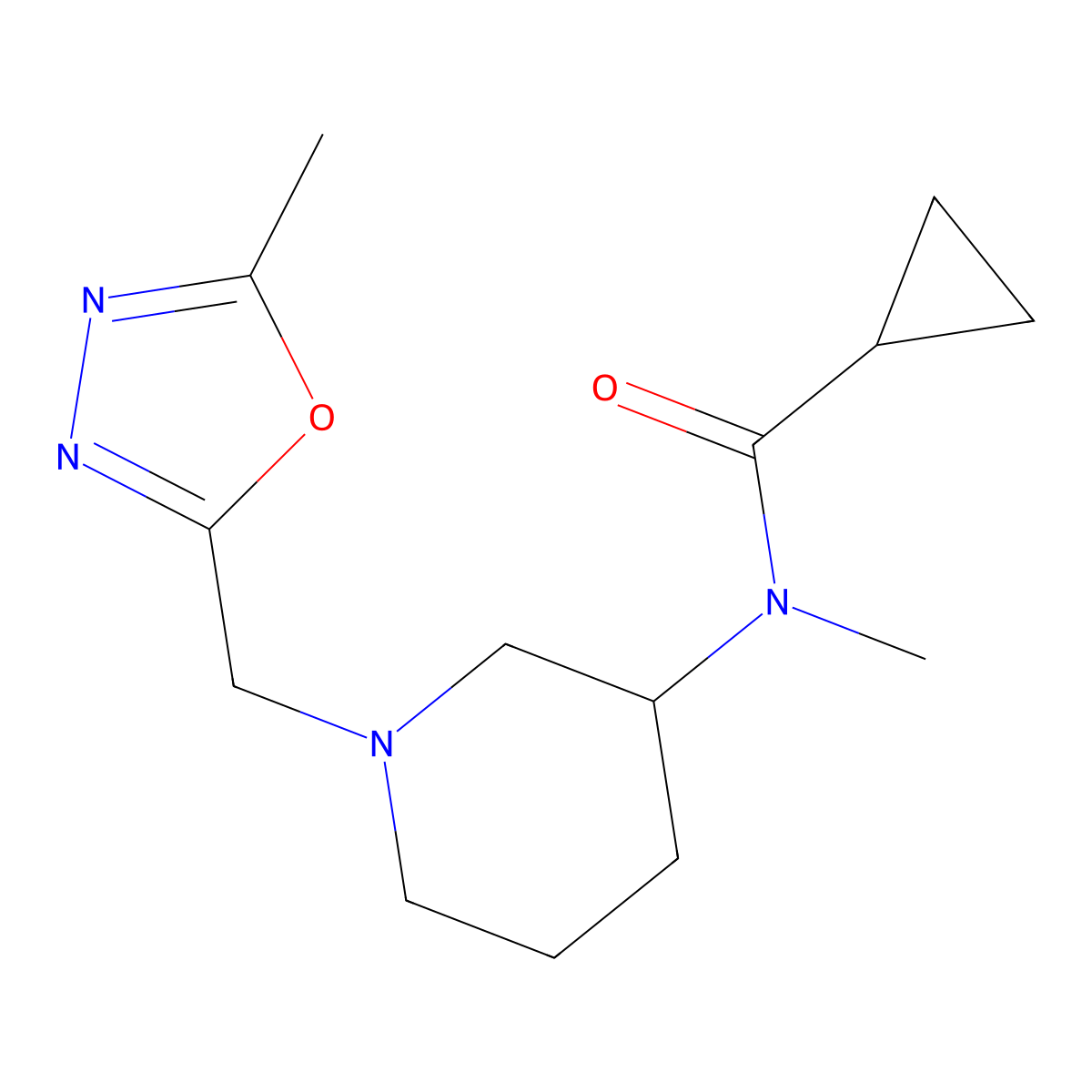 N-methyl-N-{1-[(5-methyl-1,3,4-oxadiazol-2-yl)methyl]piperidin-3-yl}cyclopropanecarboxamide molecular structure, CAS 3054564-73-4