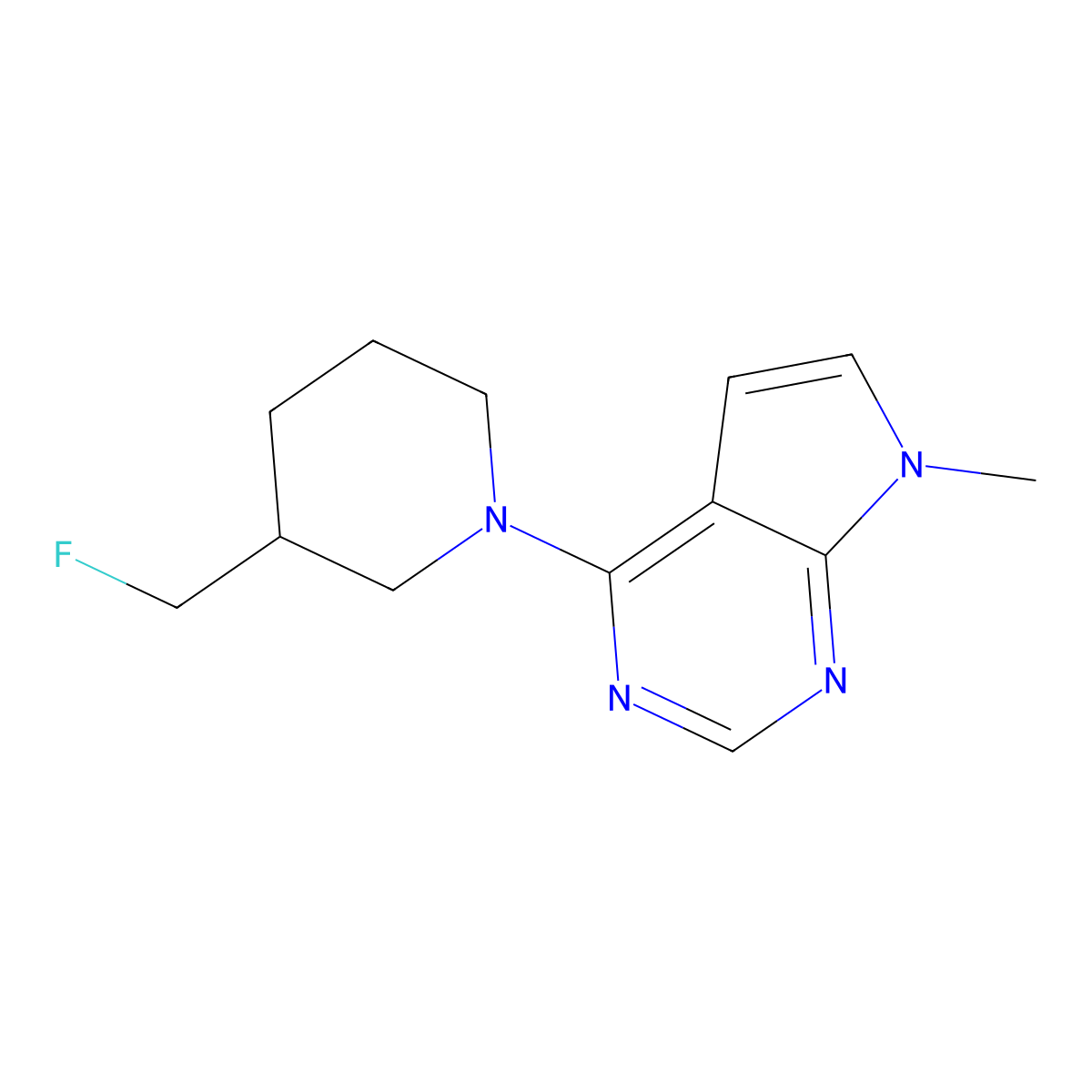 3-(fluoromethyl)-1-{7-methyl-7H-pyrrolo[2,3-d]pyrimidin-4-yl}piperidine molecular structure, CAS 3054564-76-7
