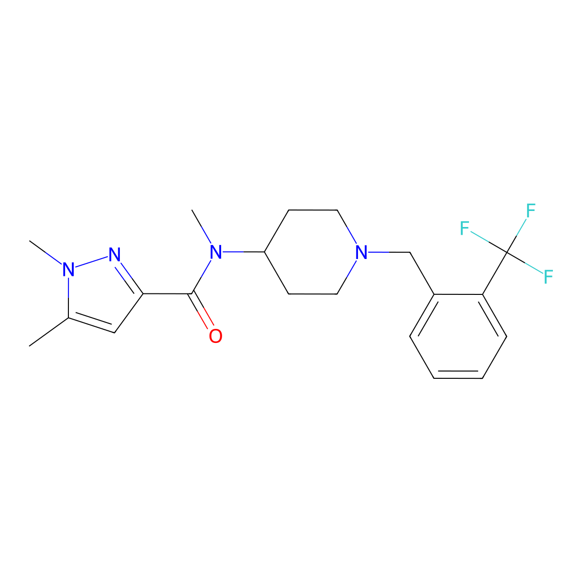 N,1,5-trimethyl-N-(1-{[2-(trifluoromethyl)phenyl]methyl}piperidin-4-yl)-1H-pyrazole-3-carboxamide molecular structure, CAS 3054564-83-6