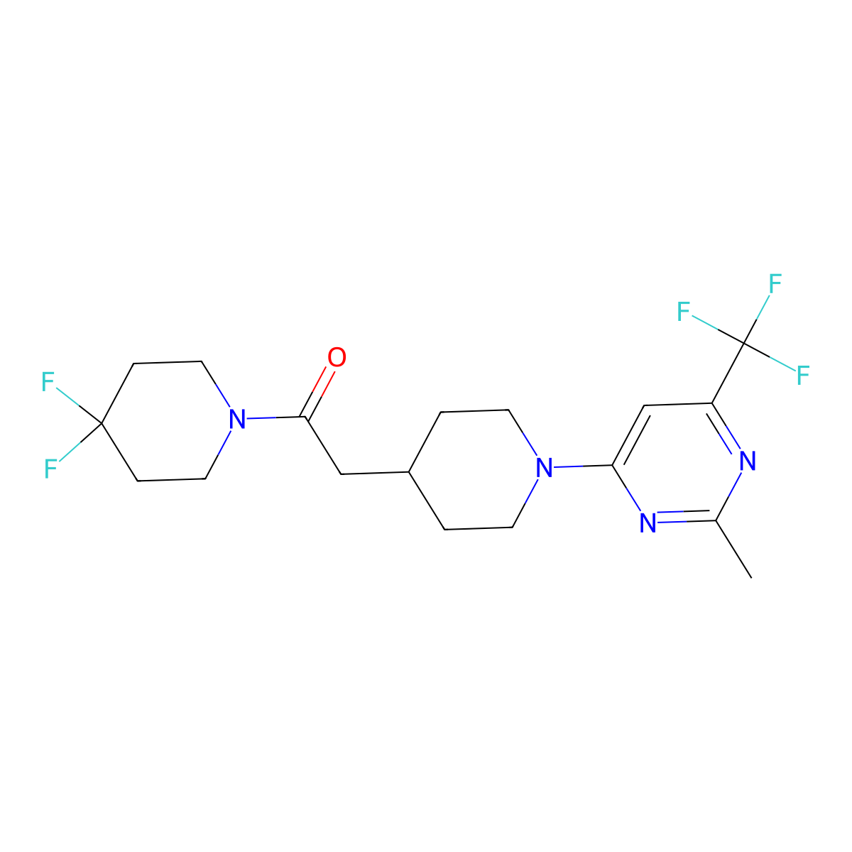 1-(4,4-Difluoropiperidin-1-yl)-2-{1-[2-methyl-6-(trifluoromethyl)pyrimidin-4-yl]piperidin-4-yl}ethan-1-one molecular structure, CAS 3054564-84-7