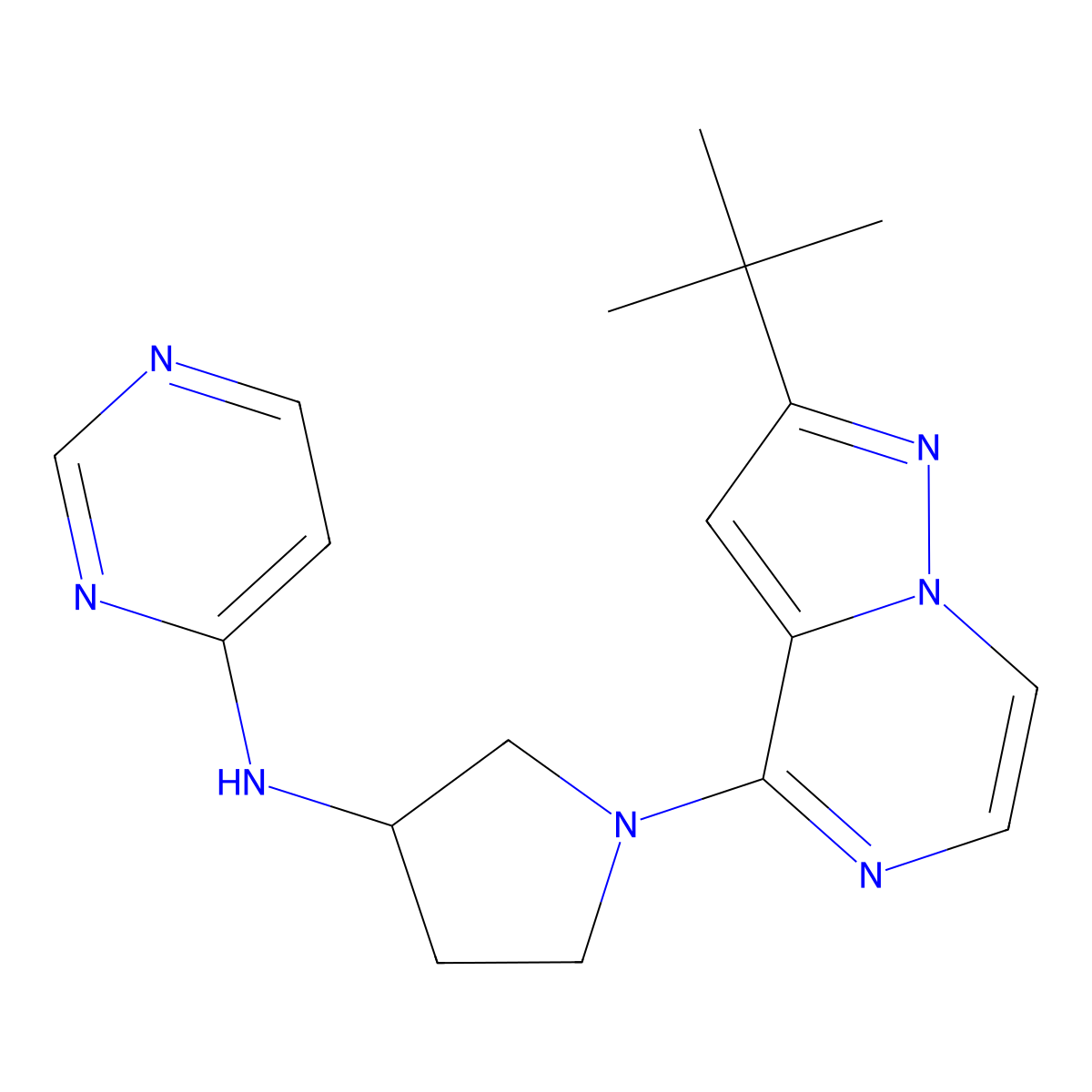N-(1-{2-tert-butylpyrazolo[1,5-a]pyrazin-4-yl}pyrrolidin-3-yl)pyrimidin-4-amine molecular structure, CAS 3054564-85-8