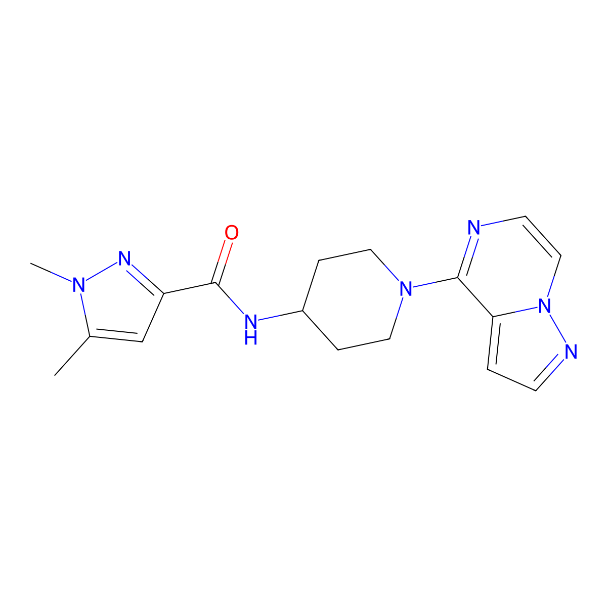 1,5-dimethyl-N-(1-{pyrazolo[1,5-a]pyrazin-4-yl}piperidin-4-yl)-1H-pyrazole-3-carboxamide molecular structure, CAS 3054564-92-7