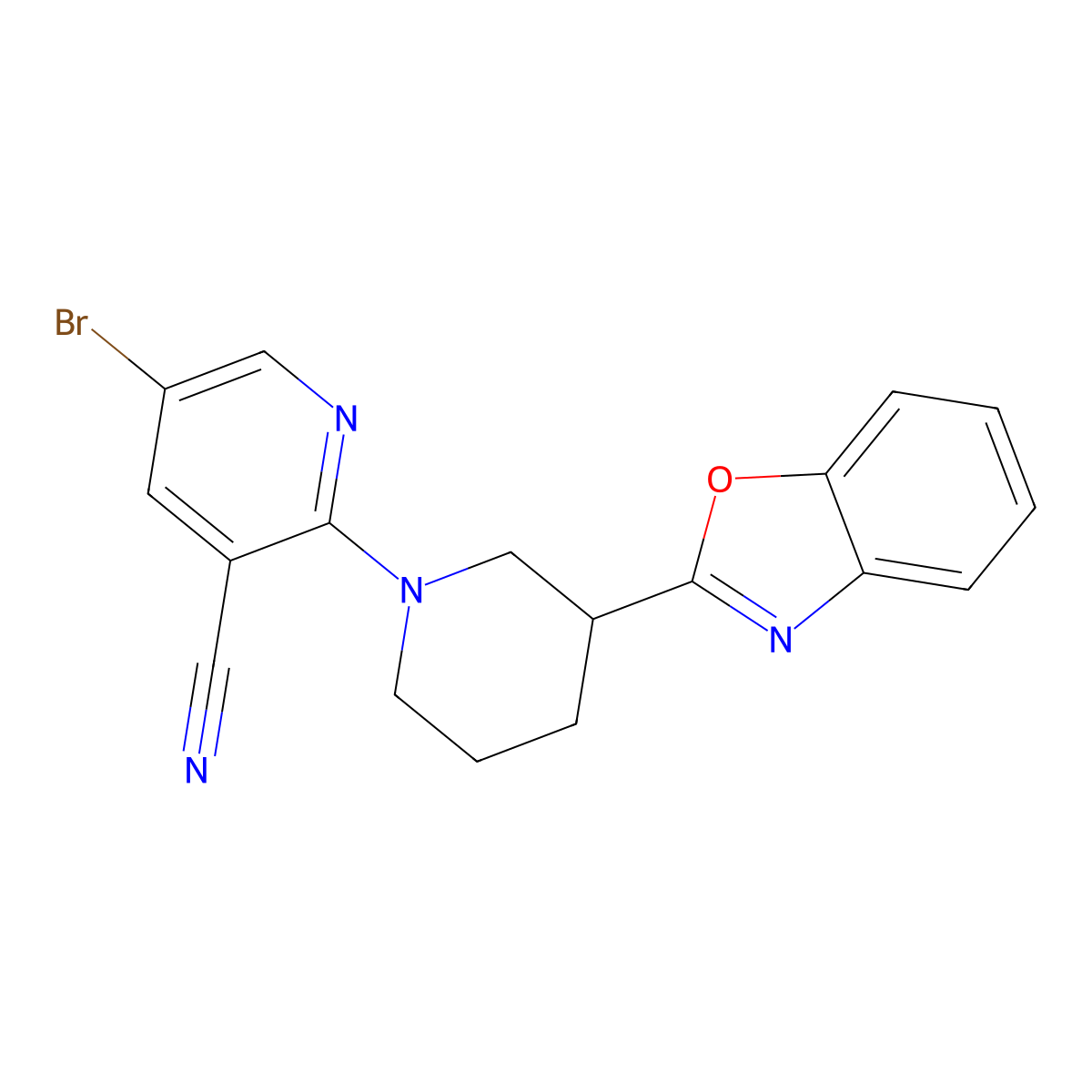 2-[3-(1,3-Benzoxazol-2-yl)piperidin-1-yl]-5-bromopyridine-3-carbonitrile molecular structure, CAS 3054564-94-9